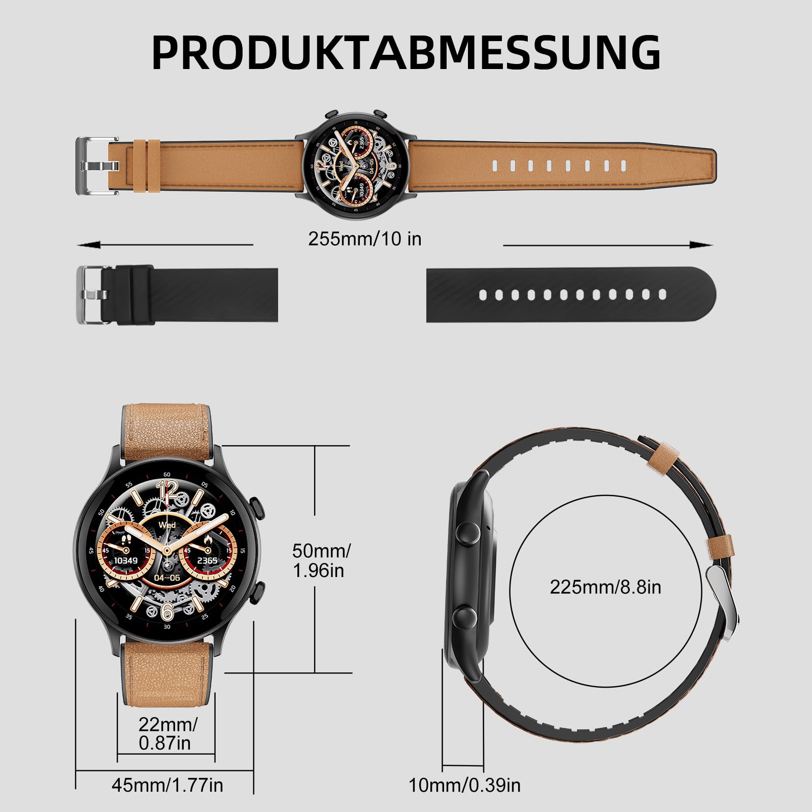 WalkerFit Montre Connectée Homme: 1.39“ Smartwatch Sport Ronde avec Appels Bluetooth, 110+ Modes Sportifs Podometre avec Moniteur De Fréquence Cardiaque/Sommeil/Étanche pour iOS/Android (Cuir)