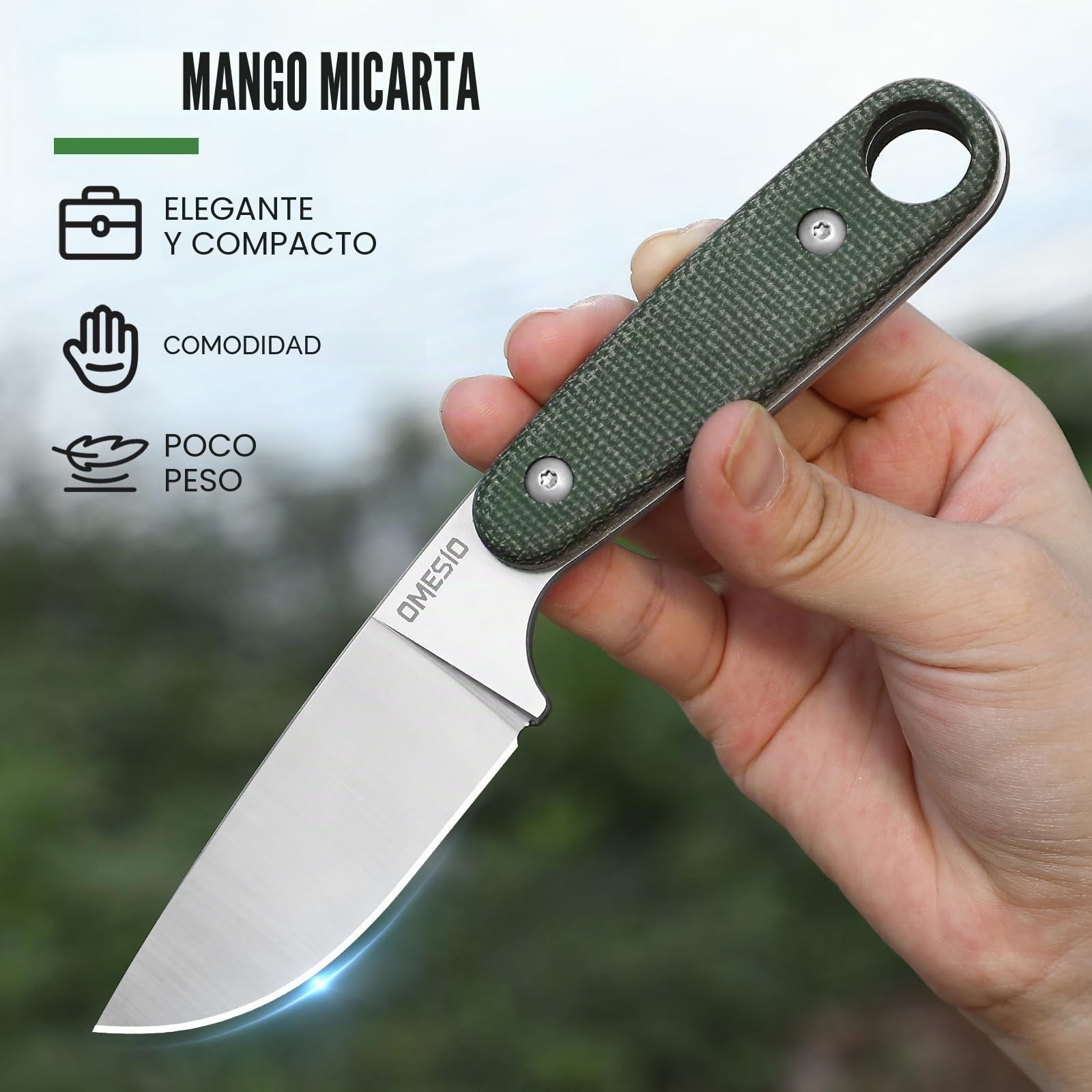 Omesio Cuchillo para exteriores, hoja de acero 14c28n, mango de micarta, longitud de la hoja de 18 cm, cuchillo de cinturón completo con funda Kydex y clip para cinturón, bushcraft fijo para EDC