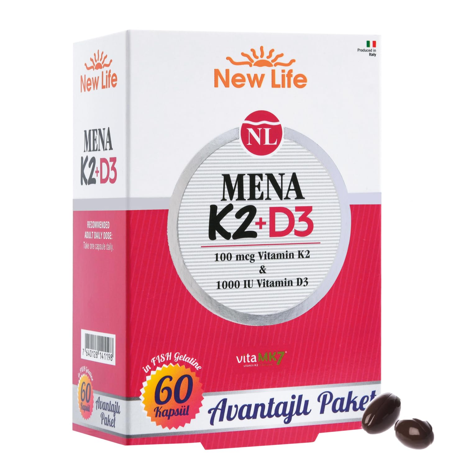 New Life Mena Vitamin K2 + D3 60 Kapsül AROMASIZ Renkli