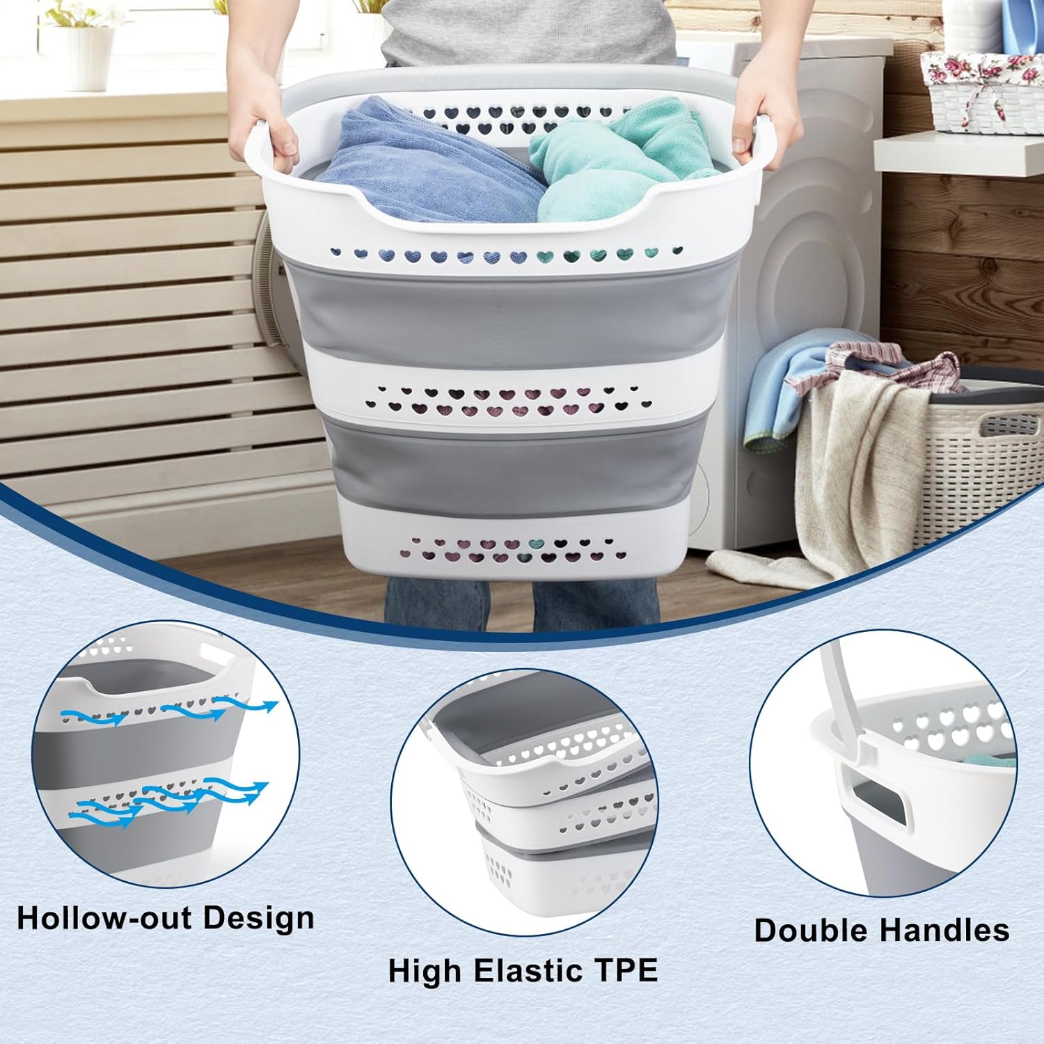 Collapsible Laundry Baskets Foldable Pop Up Laundry Hamper Plastic with Comfort Handles Folding Laundry Basket Space Saving Portable Dirty Clothes Hamper Storage Container/Organizer (Grey, 2 Packs)