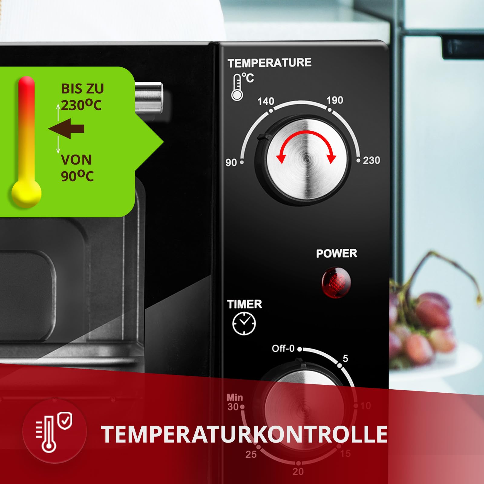 MPM - MPE-13 - Mini-Backofen - Freistehend - 10 L- mit Ober-/ Unterhitze - mit Backblech und Gitter - 4-stufige Temperaturreglung 90-230°C - mit Drehknopf - Pizza-Ofen - Klein - Schwarz