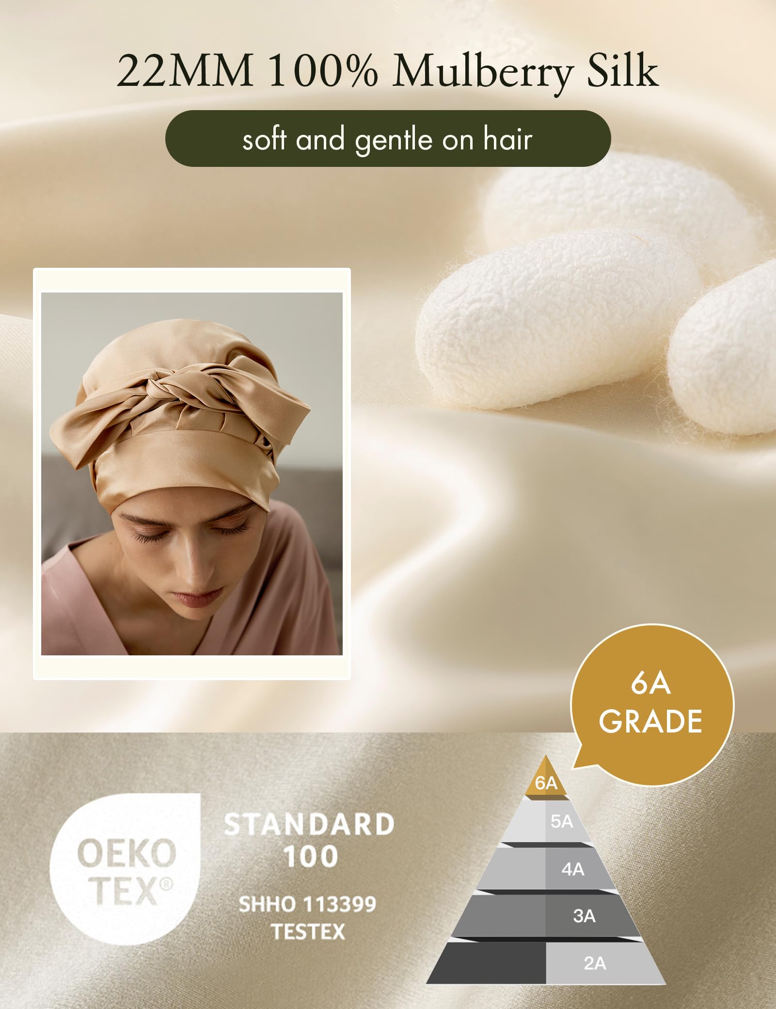LilySilk LilySilk 100% 22MM Pure Mulberry Silk Sleep Cap Womens Natural Silk Bonnet for Sleeping and Hair Care Night Hair Wrap with Long Elastic Band for Stay On,Light Camel - Image 3