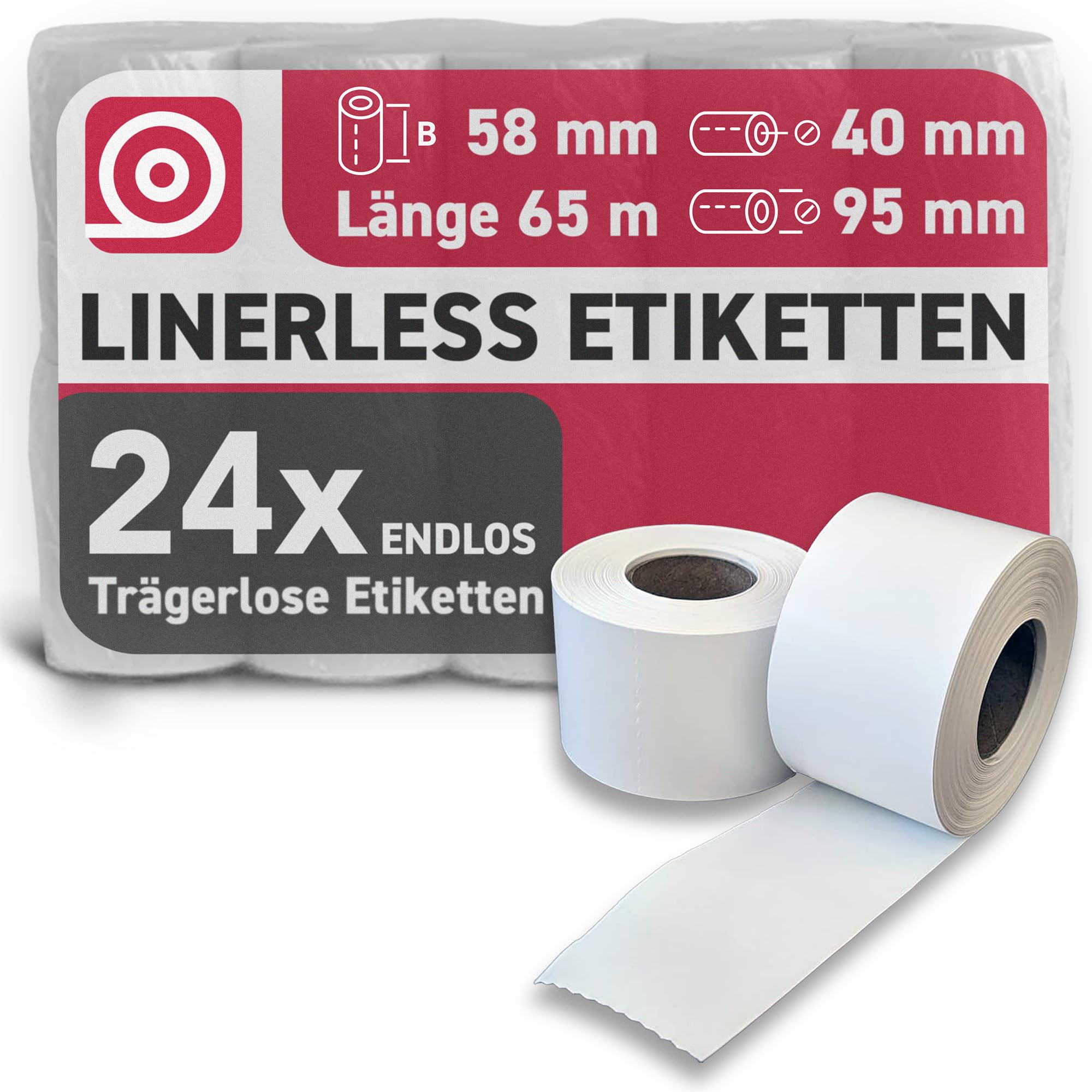 Linerless Thermoetiketten 58 mm x 65 m x 40 mm Kern - 24x trägerlose Etiketten selbstklebend ohne Träger mit Ø ca. 95 mm - passend für Bizerba, Mettler Toledo - Thermo Etiketten für Waagen