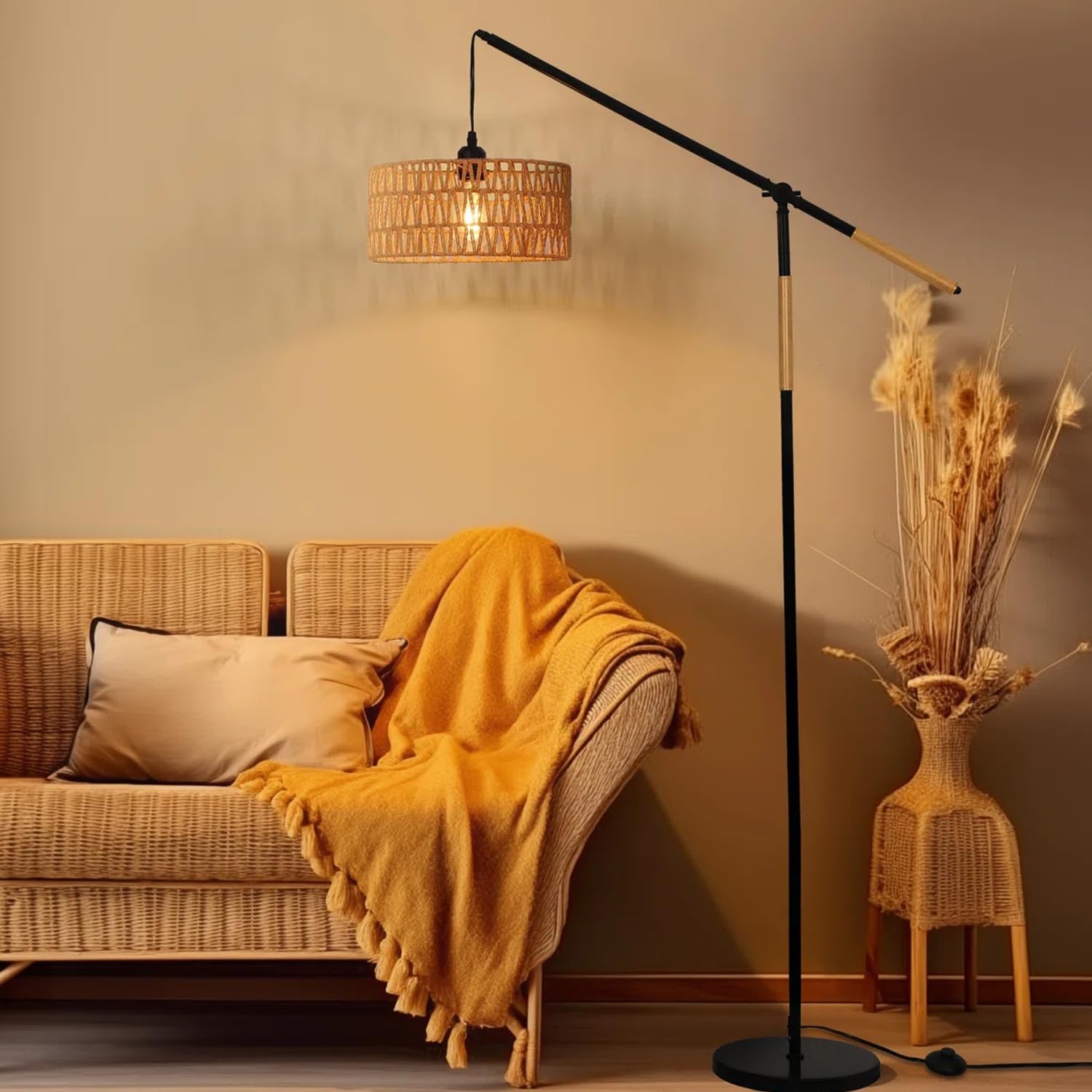 CCXXYGWJ Lampada da ad Arco - Paralume Intrecciato a Mano con Piede - Illuminazione Elegante per l'angolo della Camera da Letto e l'angolo Lettura