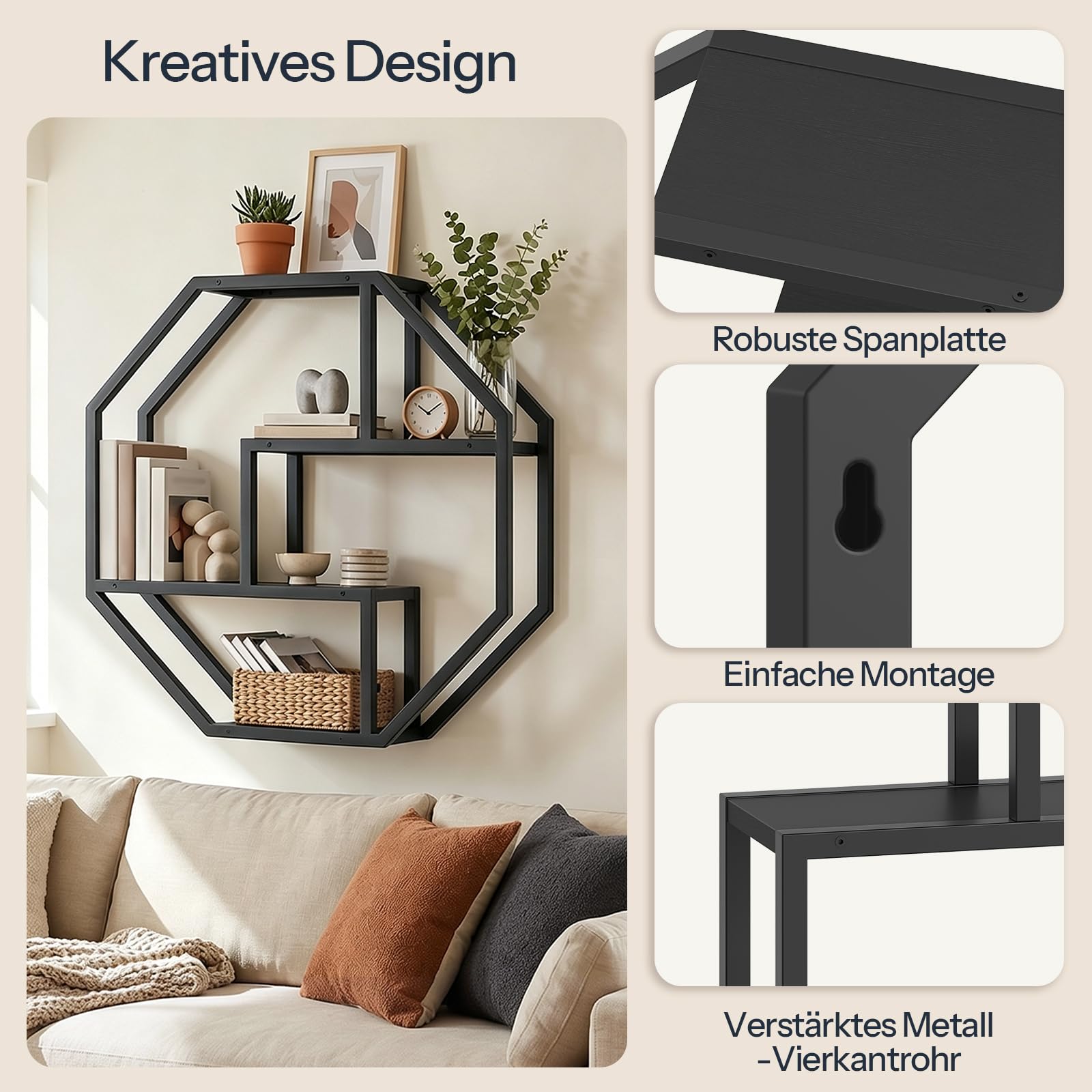 HOOBRO 4-stufiges Wandregal, dekoratives Schweberegal mit stabilem Metallrahmen, Regalbrett, wandmontiertes schwebendes Regal für Wohnzimmer, Schlafzimmer, Küche, Arbeitszimmer, Schwarz EBK67BJ01