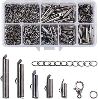 Beadthoven 490pcs 5 Sizes Gunmetal Iron Slide On End Clasps with Chain Extender & Jump Rings & Lobster Claw Clasps Tube Crimp Cord Ends Finding for Jewelry Making 10mm/13mm/16mm/20mm/25mm
