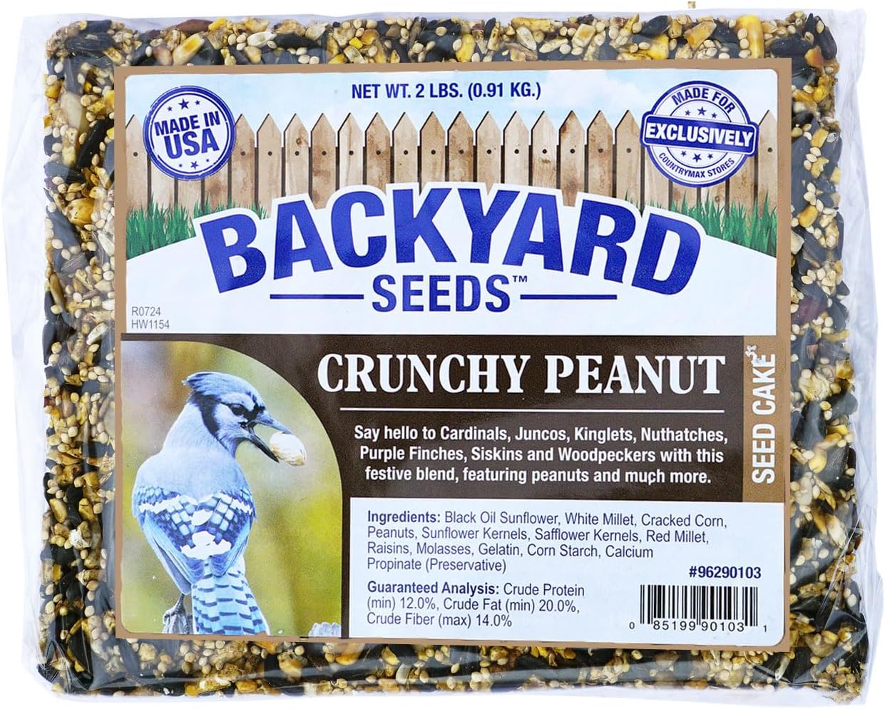 Backyard Seeds Crunchy Peanut Wild Bird Outdoor Seed Cake - Attracts Cardinals, Juncos, Kinglets, Woodpeckers - 2 Pounds (6 Pack)