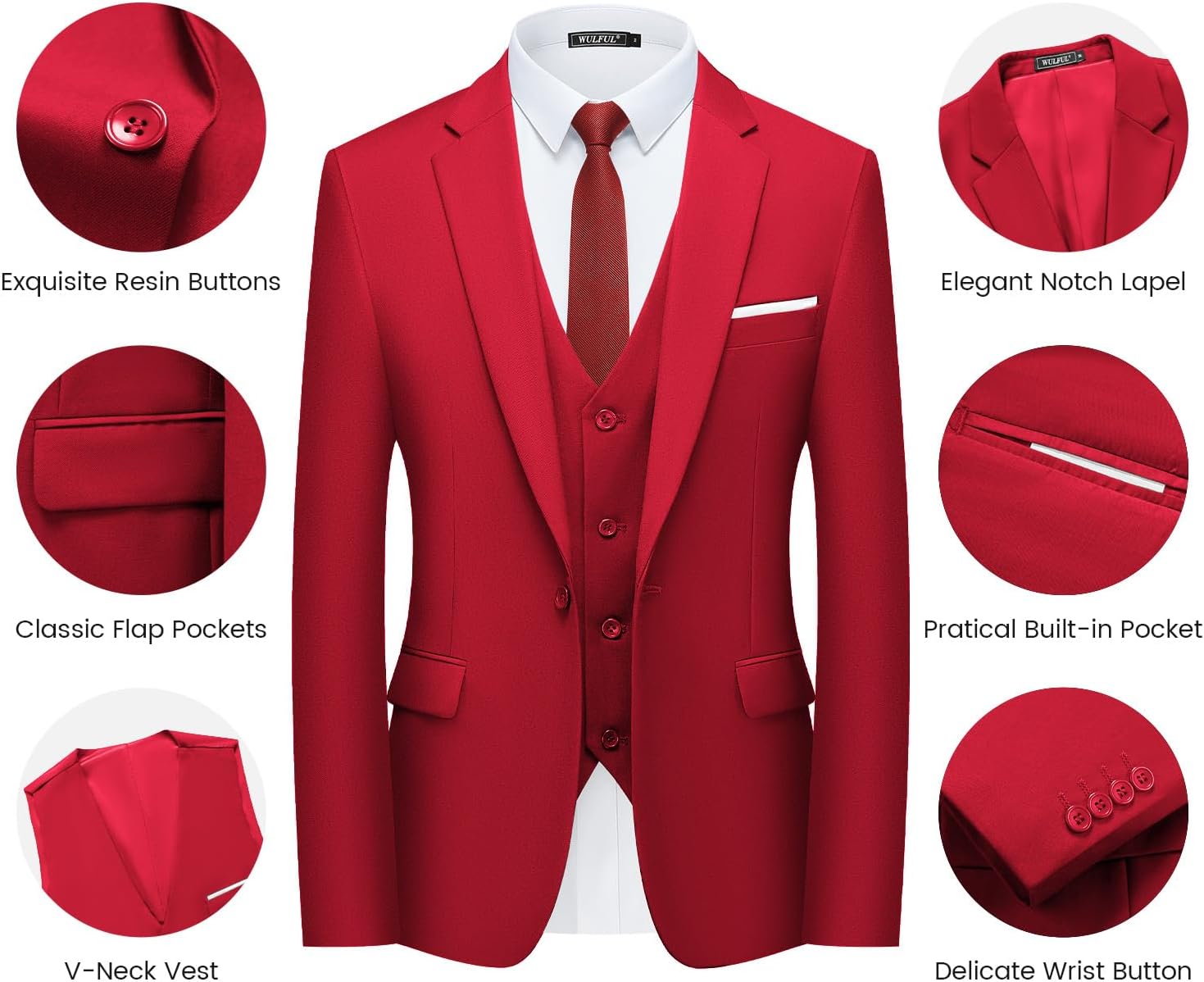 WULFUL Men’s Slim Fit Suit One Button 3-Piece Blazer Dress Business Wedding... - Picture 253 of 257