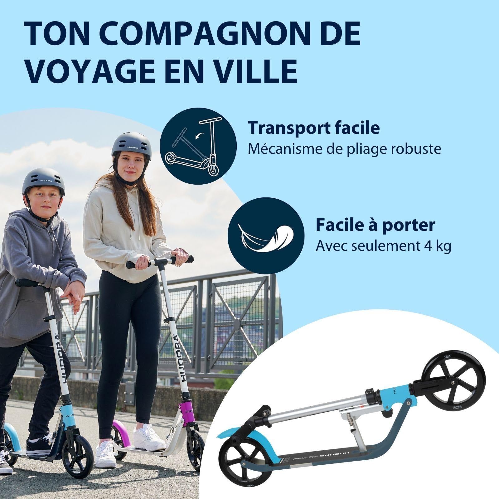 HUDORA BigWheel Scooter Pure - Trottinette stable en aluminium avec béquille - Réglable en hauteur et pliable pour jusqu'à 100kg - Jeunes et adultes