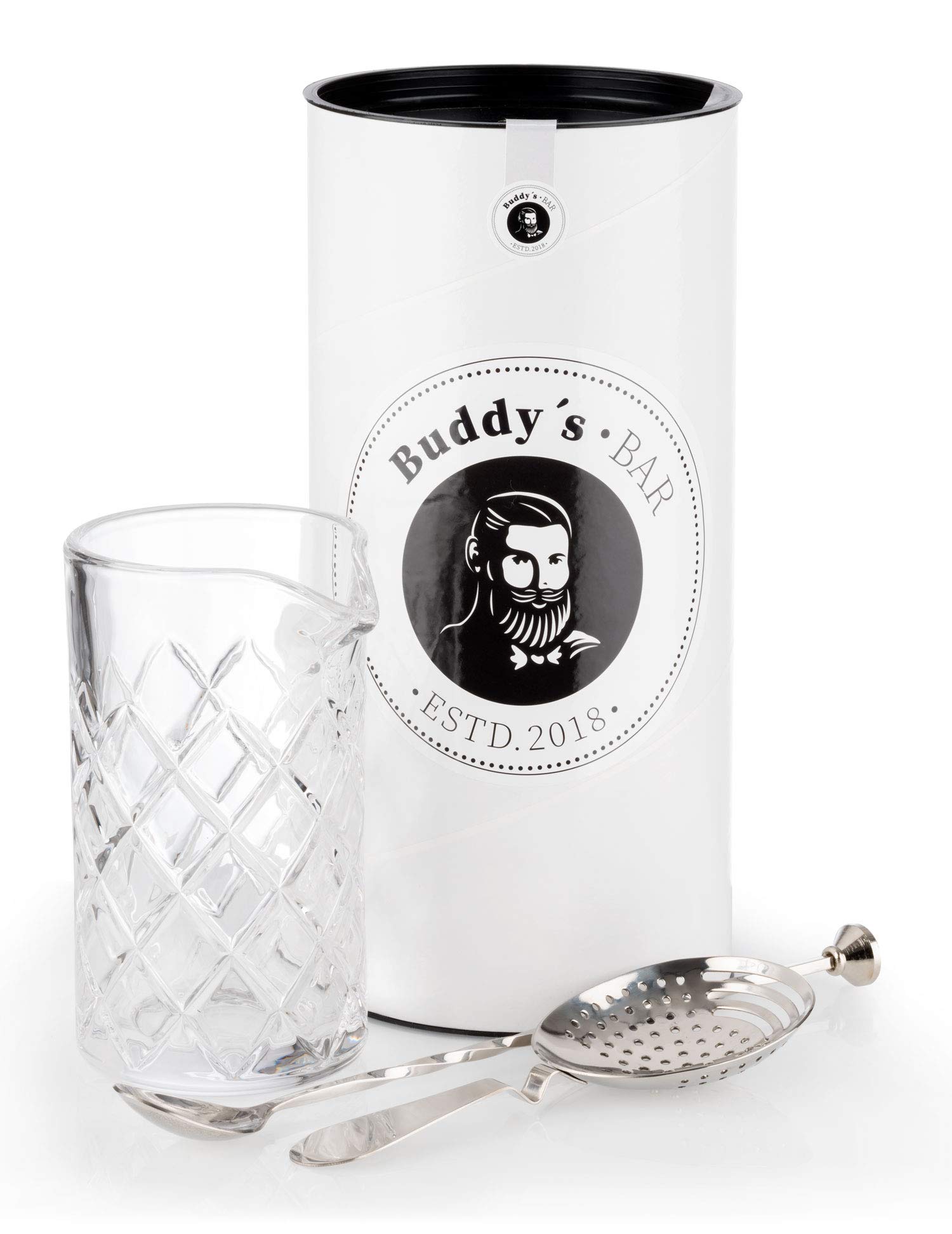 Buddy's Bar - Set per mescolare, Robusto Bicchiere per mescolare da 500 ml, Cucchiaio da Bar, Strainer, Acciaio Inossidabile Lucido, Lavabile in lavastoviglie, Set da Bar in Confezione Regalo