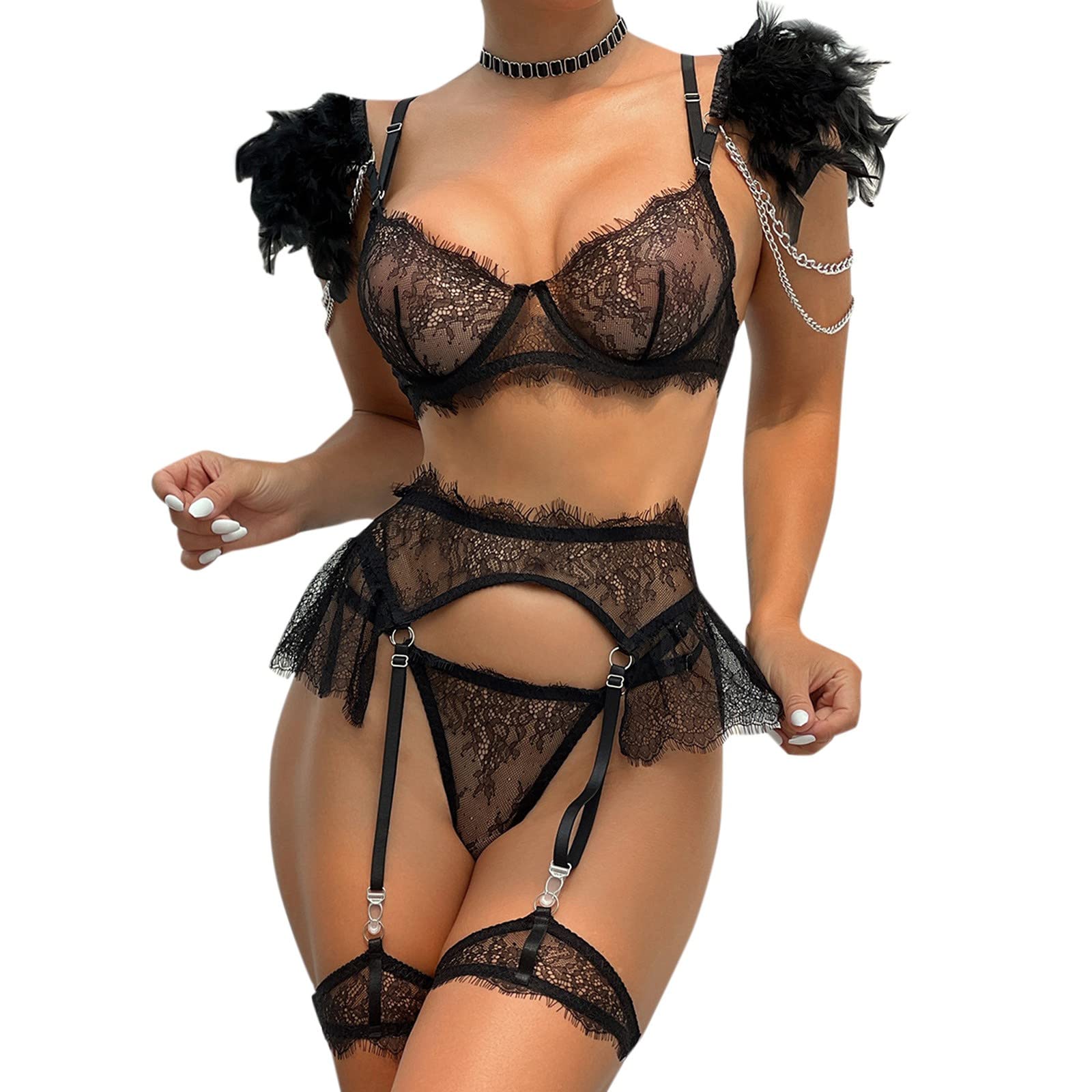 Generico Body Sexydonna Erotico Lingerie Donna Sexy Doll Biancheria intima sexy da 6 pezzi con catena in metallo con pizzo staccabile in piume tinta unita Sexy Lingerie Hot Erotico Lingerie