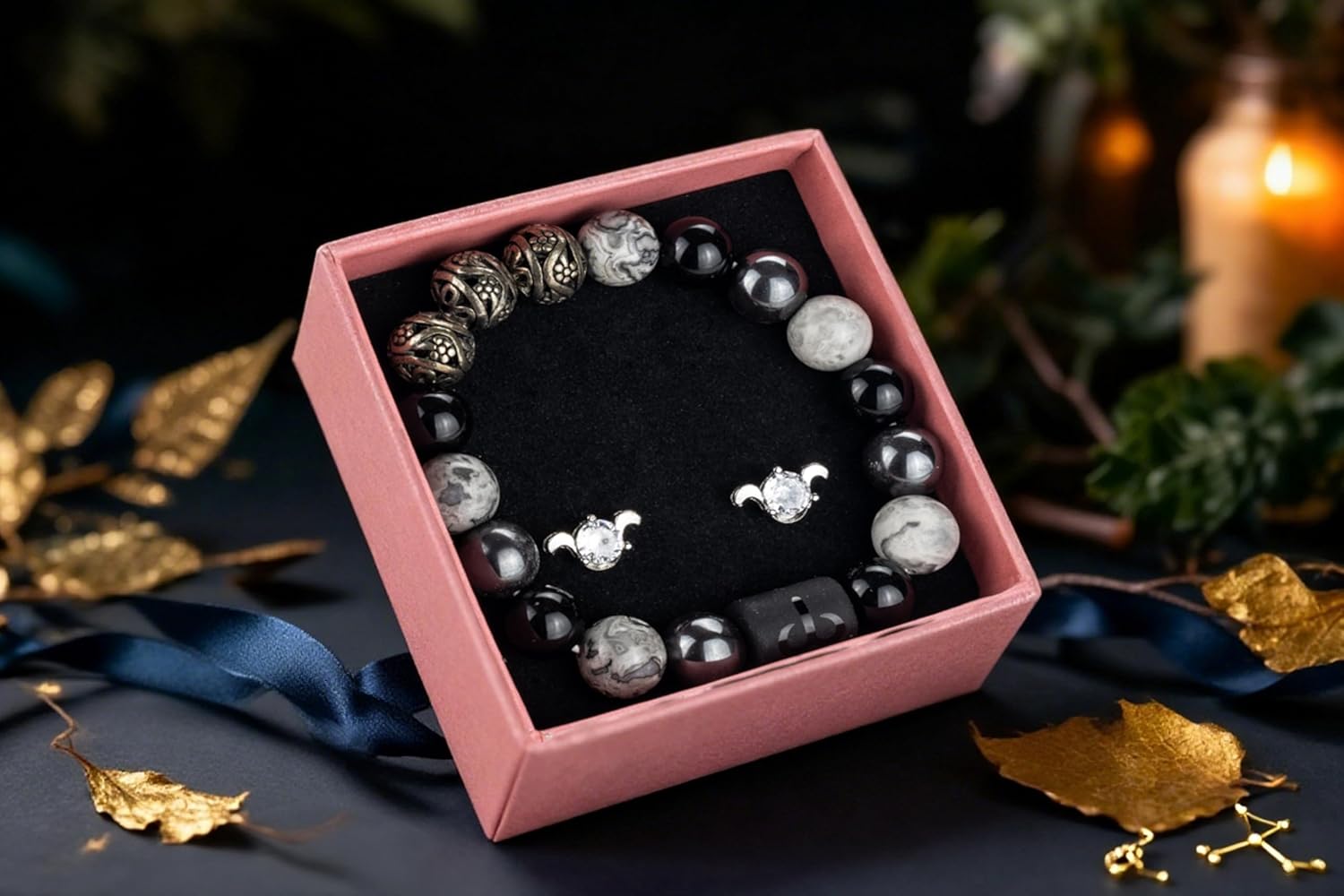 Aries Zodiac Scented Candle Gift Set for Men and Women – Rose Aroma Crystal Candle with Bracelet & Earrings, Astrology Gift Box, Birthday & Holiday Gifts