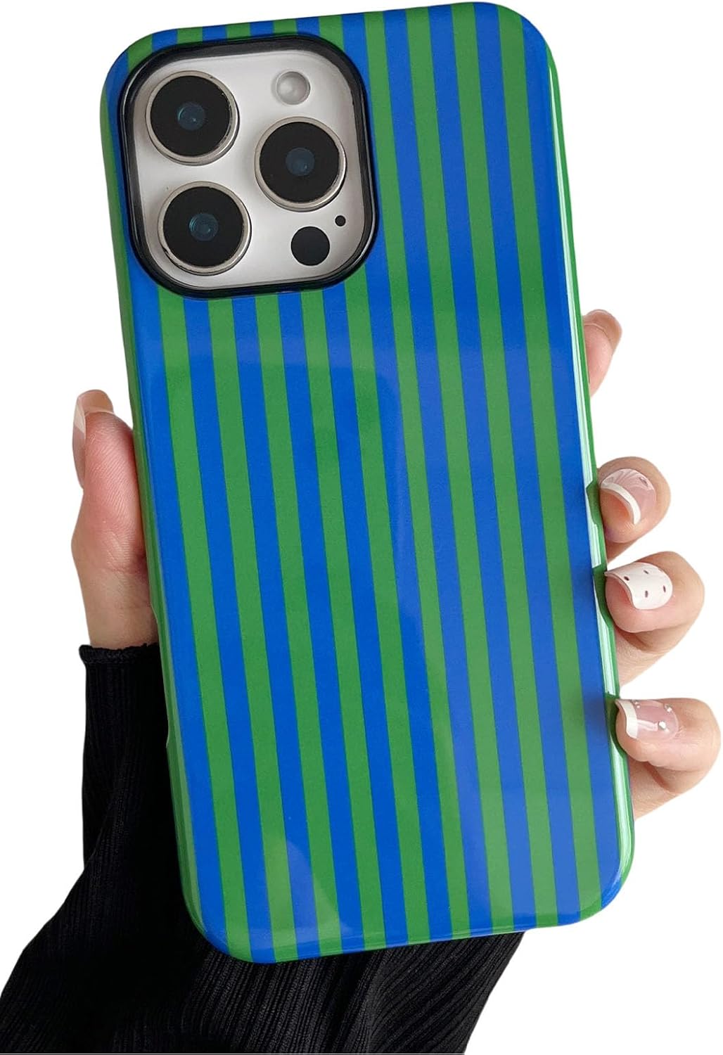 Compatible with iPhone 16 Pro Max Case Cute Aesthetic Striped Phone Case for Women Girl Shockproof Slim TPU and Hard PC Protective Cover (Green and Blue)