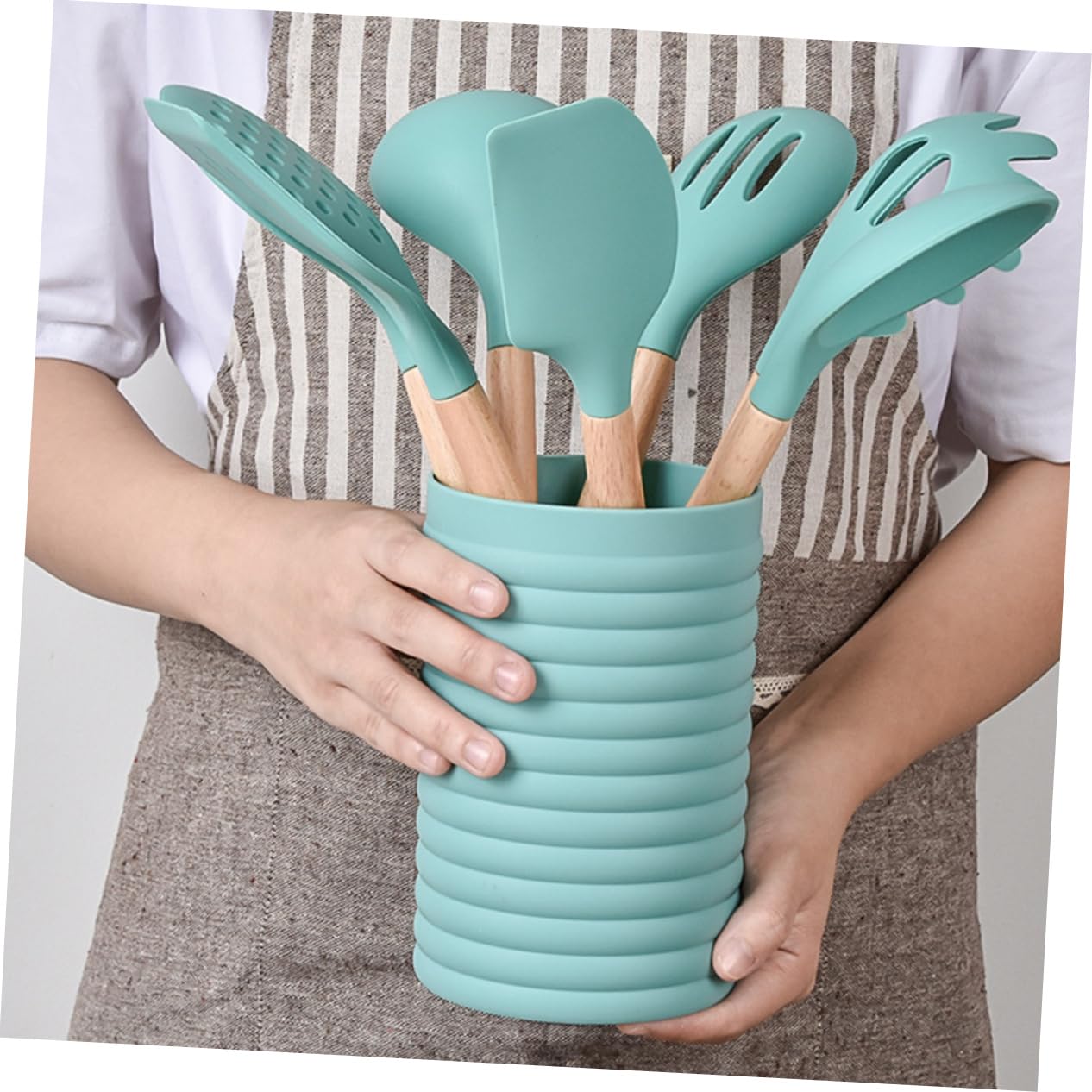 VALICLUD Ustensiles de Cuisine avec Boîte de Rangement Incluse Poignées Bois Confortables et Antiadhésifs