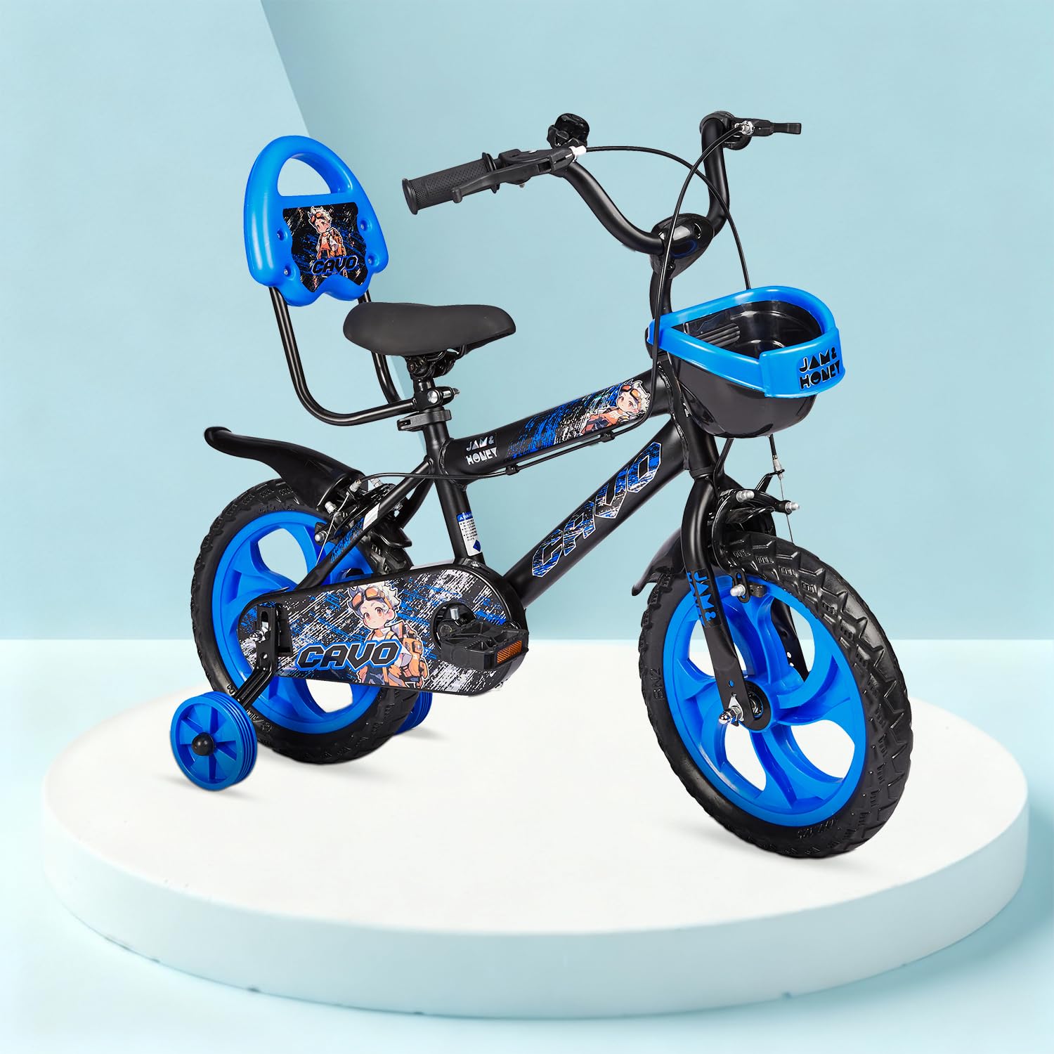 Amazon Brand – Jam & Honey Kids 14T Bicycle | Sturdy Steel Frame | EVA Tyres | Adjustable Seat & Handlebar | Training Wheels | Front Basket | Blue