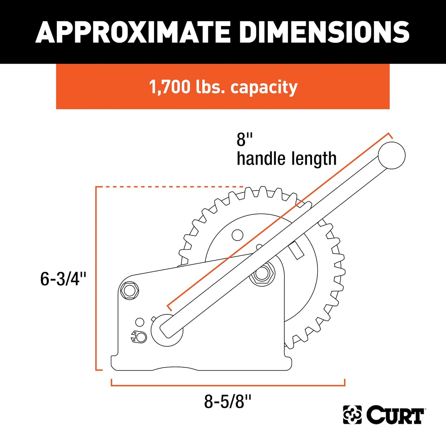 CURT 29427 Hand Winch approximate dimensions diagram