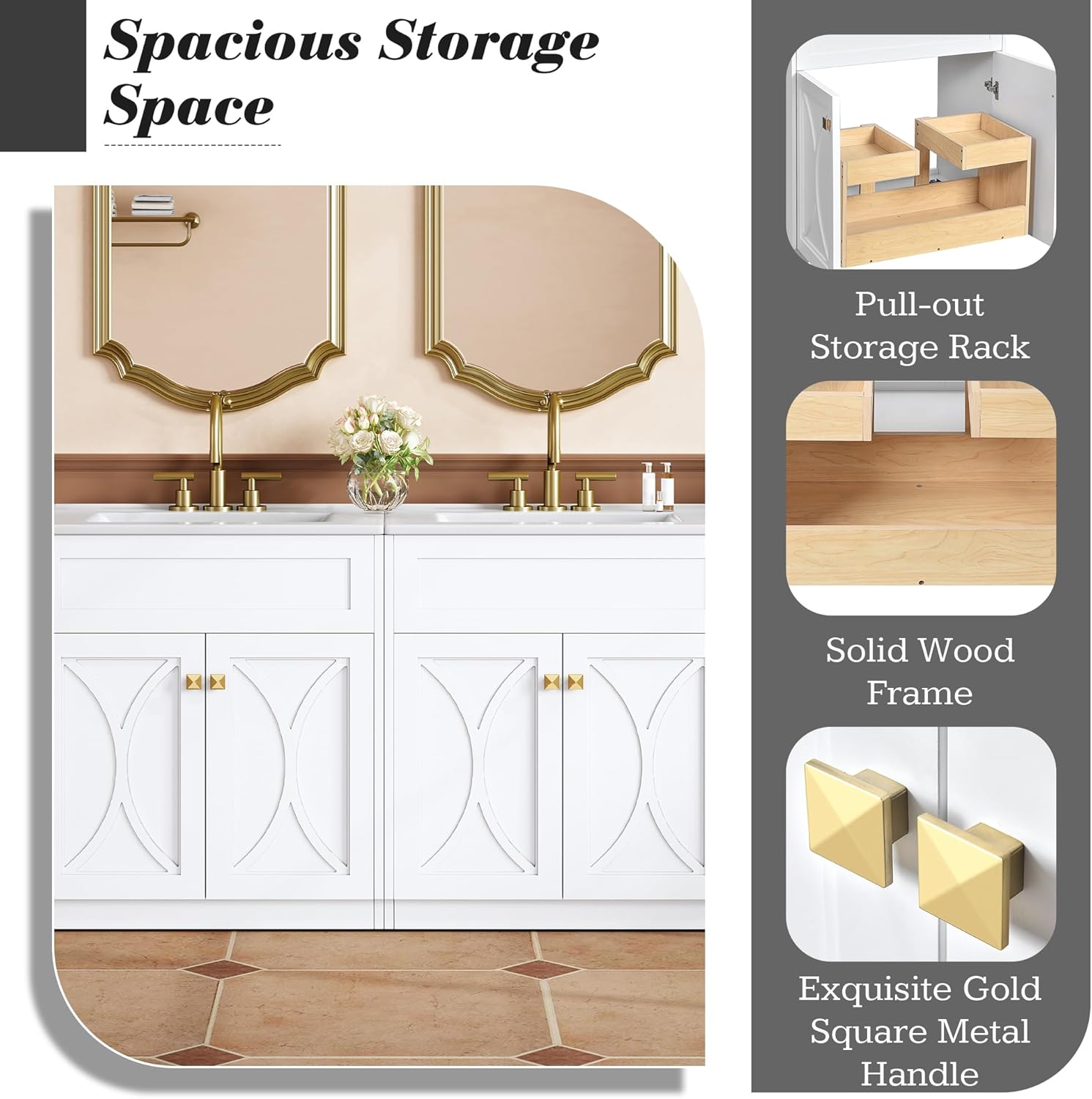 60 Inch White Bathroom Vanity with Double Sink,Modern Double Sink Vanity with Pull-Out Storage 2 Tiers Tray,Soft Closing Doors with Gold Handles,Solid Wood Frame,Arch Lines Front(2 * 30 Inches)
