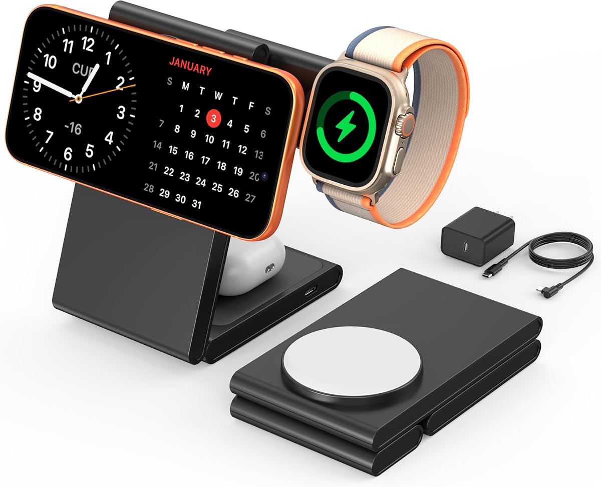 New Travel Foldable 3 in 1 Wireless Charging Station for Apple Magsafe Charger Stand,Fast Magnetic Wireless Charger Station for iPhone 17 Air 16 15 14 13 12 Series,Airpods Pro,Apple Watch Ultra