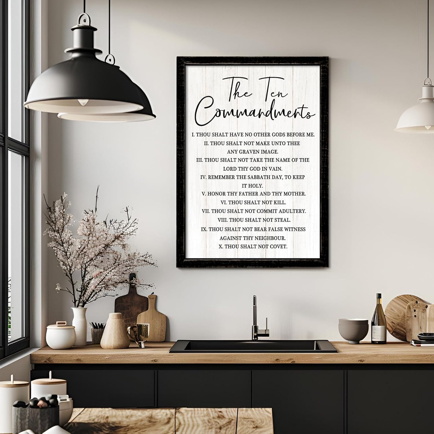 The Ten Commandments Rustic Bible Verse Framed Wall Art, 16''×24'' Narrow Holy Religious Christian Saying Sign for God Jesus Christ Prayer, Vintage Positive Inspirational Catholic Scripture Decor