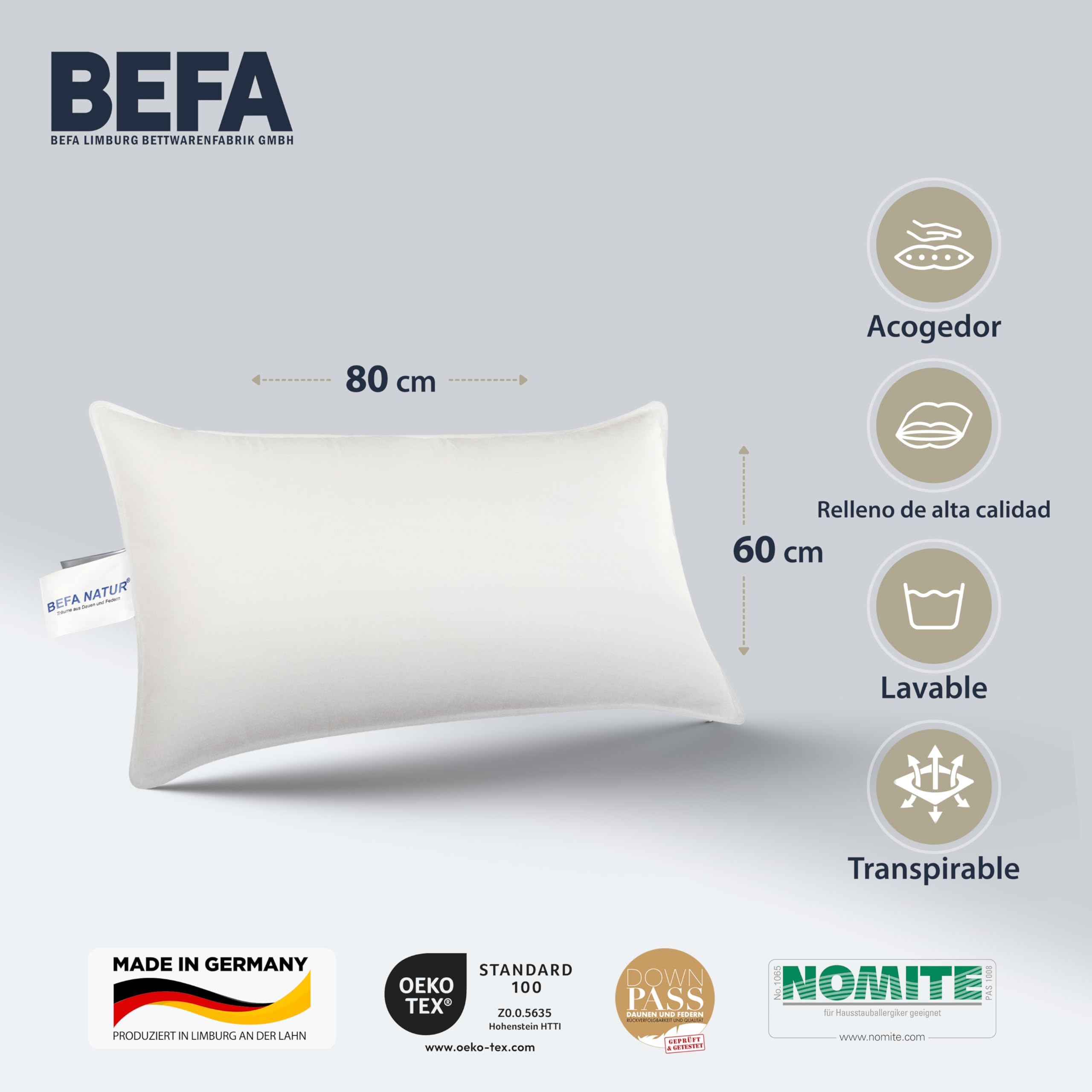 BEFA NATUR Almohada de Plumas 80x80 cm – Algodón – Fabricado en Alemania | 1125g peso de relleno • Funda de algodón transpirable • NOMITE • DOWNPASS • lavable 60 °C • OEKO-TEX • Fabricado en Alemania