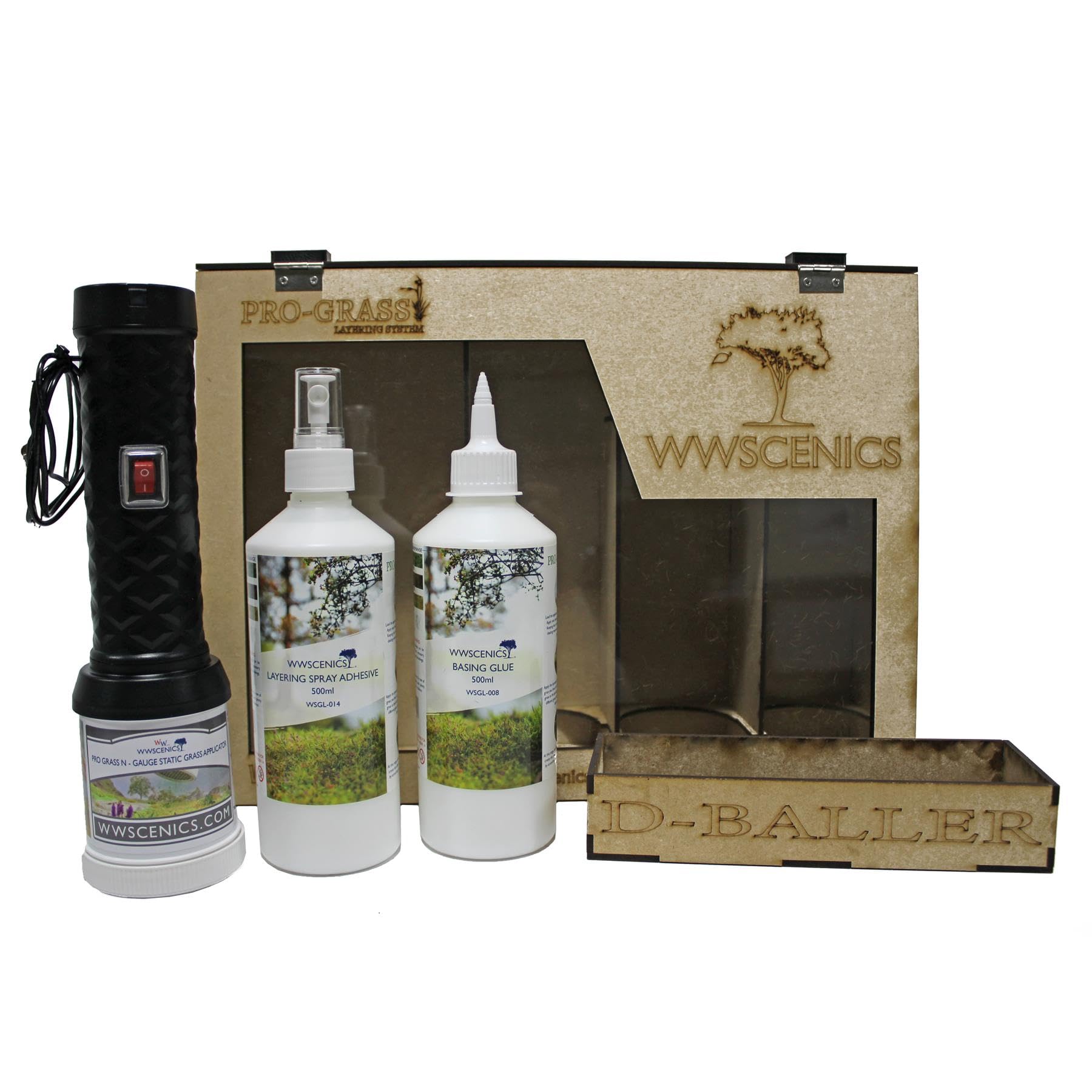 WWScenics Pro Grass Gras-Schichtaufbau Set | Spur-N Starter Kit mit Statische Grasfasern und Begrasungsgerät