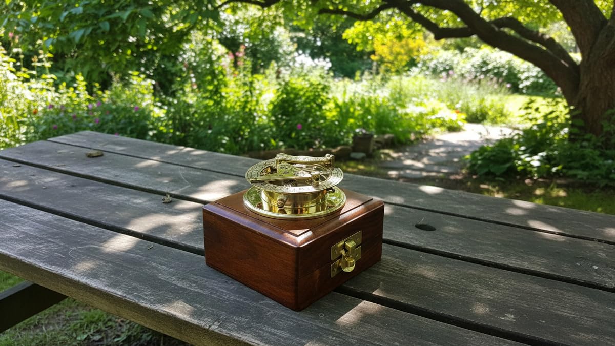 Cadran Solaire Boussole en Laiton Massif West London avec Boîte en Bois Rustique Vintage