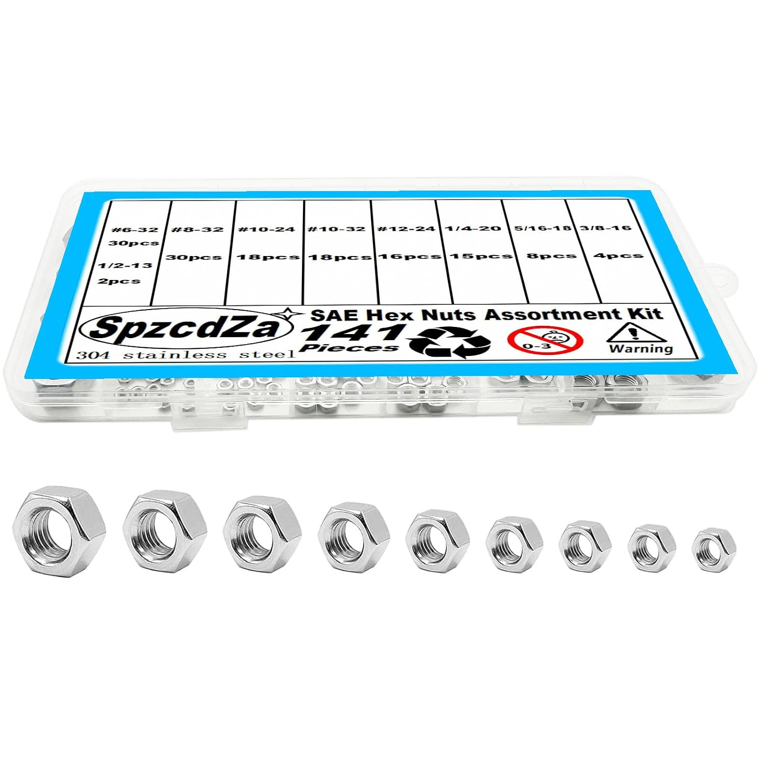 141pcs SAE Hex Nuts Assortment Kit, 6#32 8#32 10#24 10#32 12#24 1/4-20 5/16-18 3/8-16 1/2-13 Hardware Nuts Sets,304 Stainless Steel
