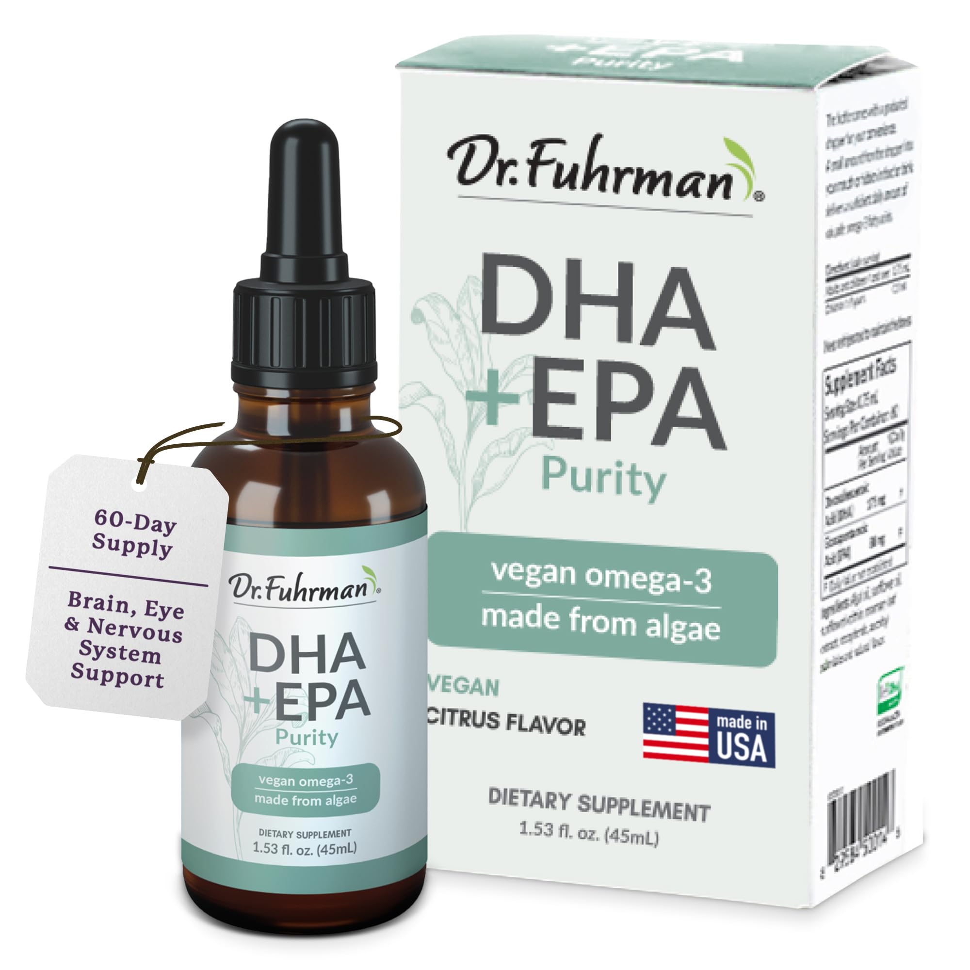 Dr. Fuhrman Vegan Omega 3 | Vegan DHA+EPA Purity Liquid Supplement | Made from Lab-Grown Algae | Our Omega 3 Supplement is Refrigerated in Warehouse Until Shipped | Citrus Flavor 60 Servings