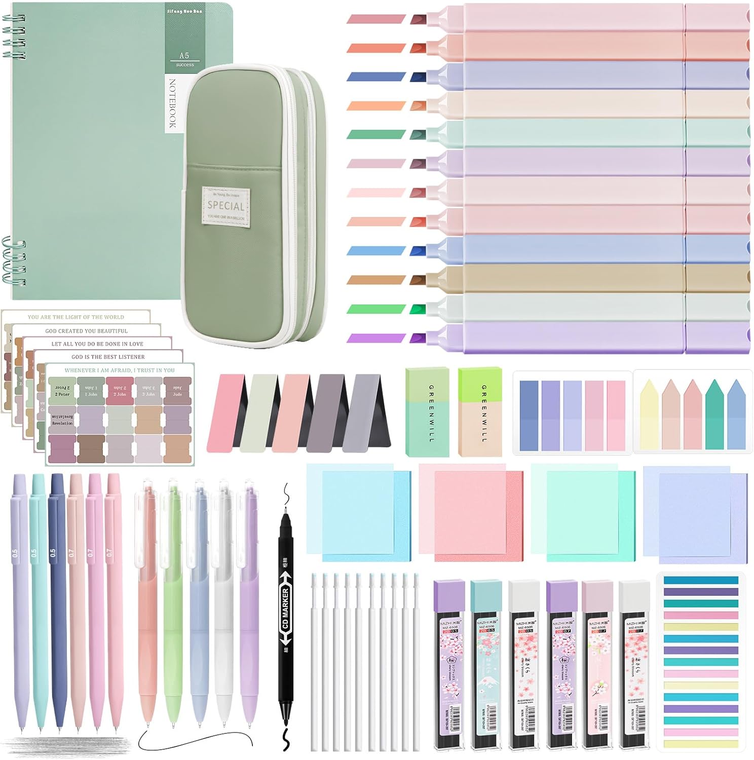 Bible Study Supplies Journaling Kit with Pen Case,12 Pastel Highlighters,5 Black Ink Gel Pens, 6 Mechanical Pencils 0.5 & 0.7mm,Sticky Note Index Tab and So on for bible study