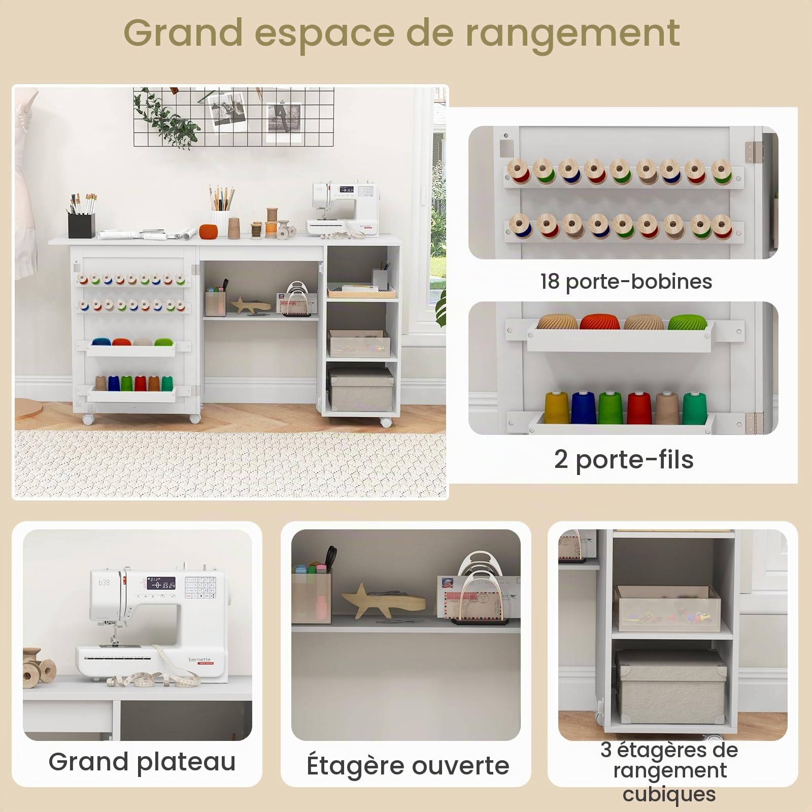 GIANTEX Table de Couture Pliante, Meuble Couture avec 18 Patères, 3 Conpartiments Ouverts, 3 Étagères pour Traveaux Manuels, 6 roulettes avec Freins, Meuble Machine à Coudre 146 x 50 x 78 CM