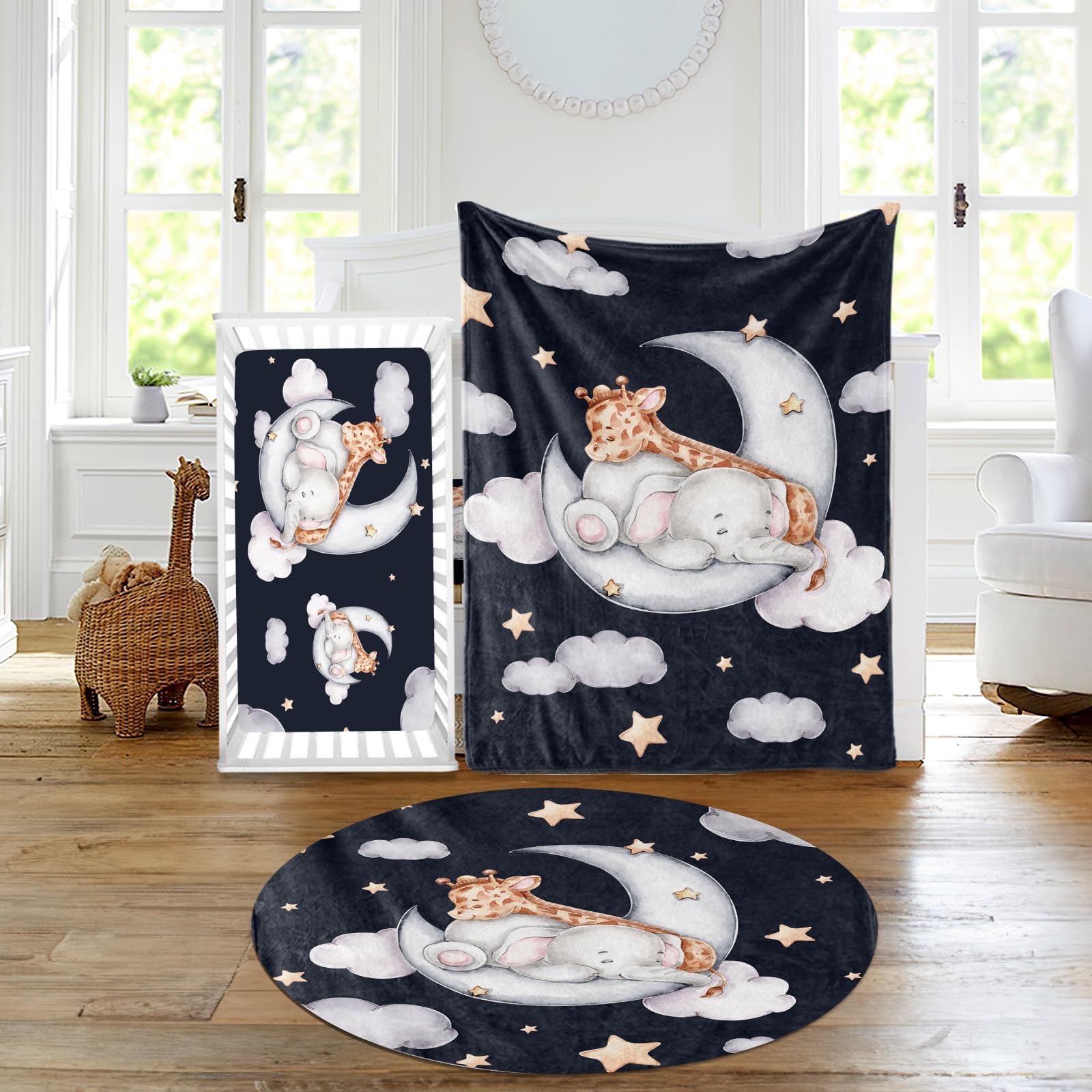 Duckbe Baby Crib Bedding Set - Moon Animals Nursery Bed 3 Pcs Set - Chic Soft Blanket, Sheet, Crawling Rug for Newborns Boys Girls Gifts