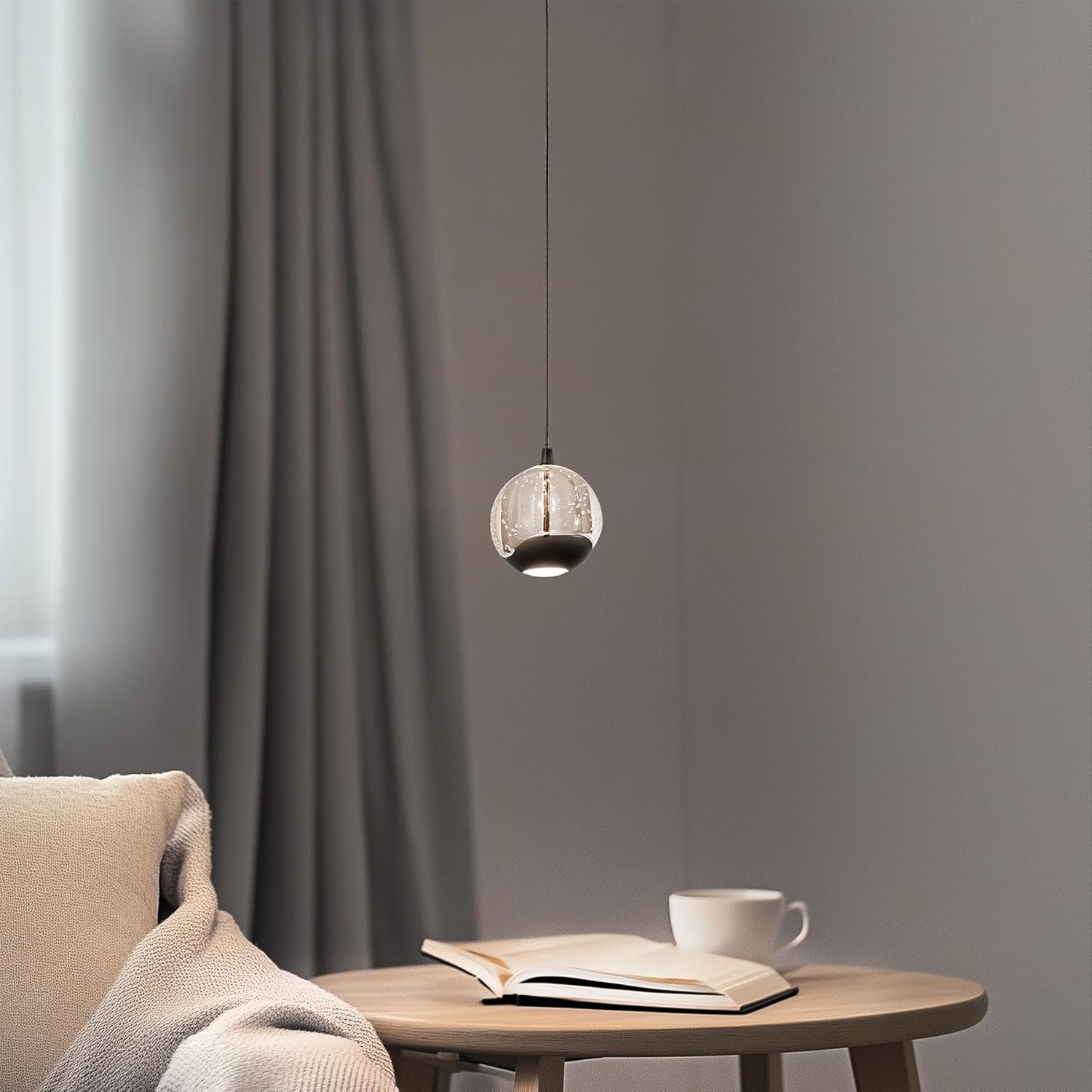 Modern Black Single Pendant Light with Bubble Glass, Small Globe Pendant Light 70.86" Drop, Kitchen Pendant Lighting Over Island, Bar, Entryway, Warm White 3000K, 519 lm, Ø 4.73"