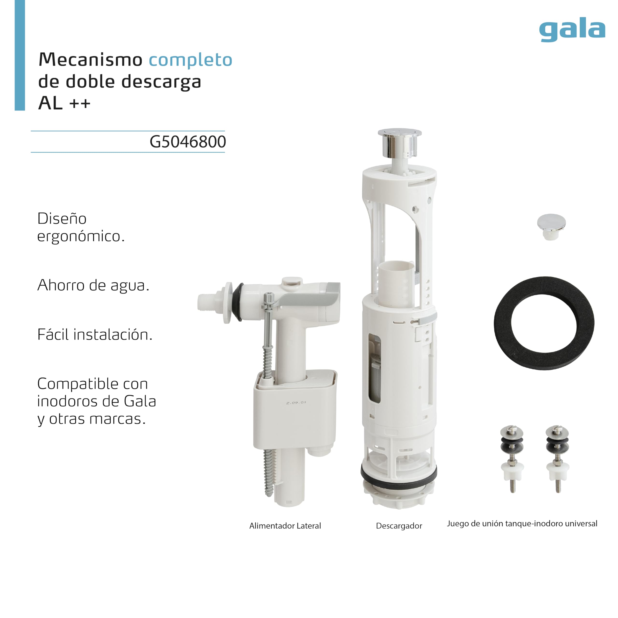 Gala Mecanismo G5046800– Mecanismo completo de doble descarga Alimentación lateral++. Compatible con cisternas Gala y de otras marcas. Fácil instalación