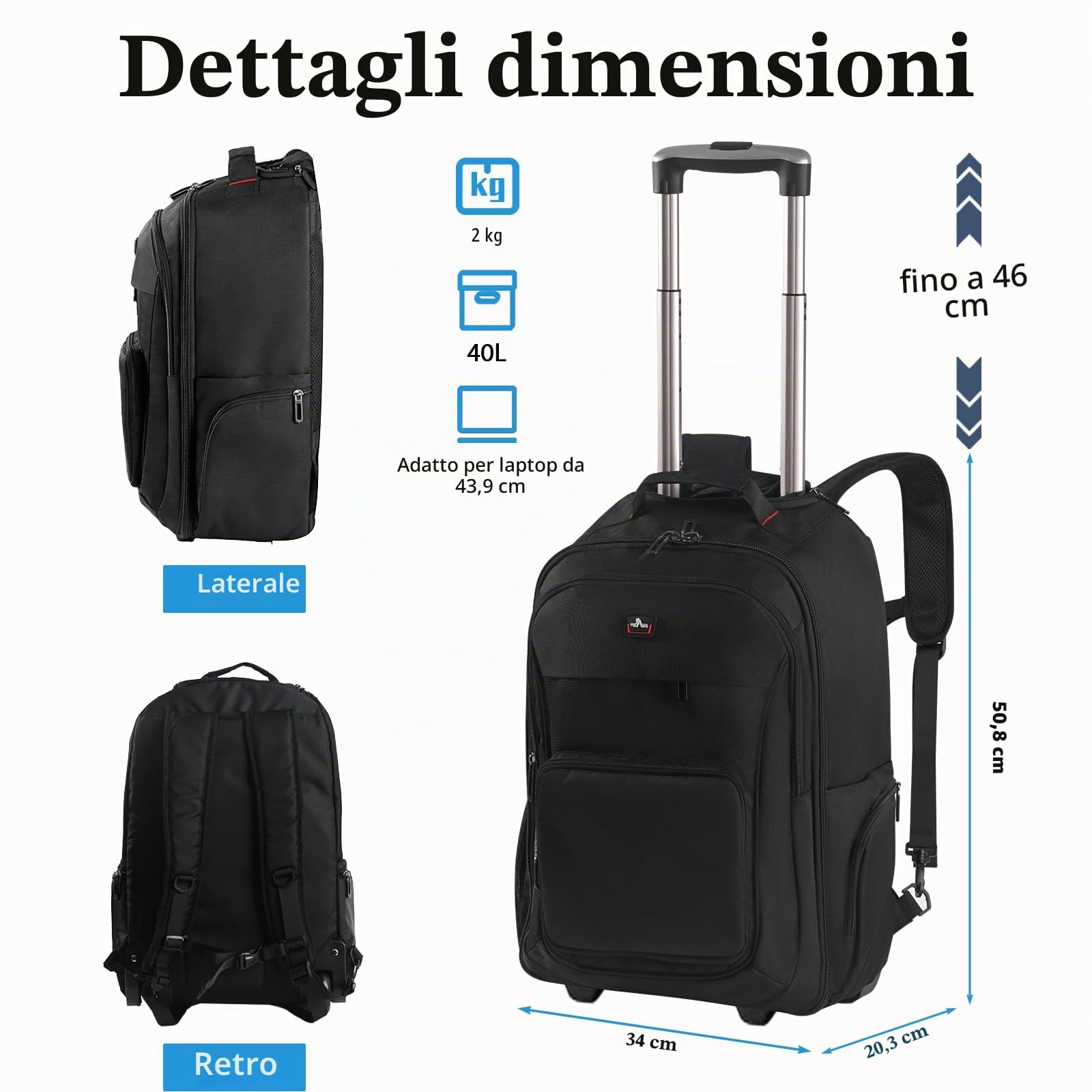 Zaino con ruote, trolley da 17,3 pollici, borsa da viaggio con ruote, grande zaino per uomo lavoro, college, Nero