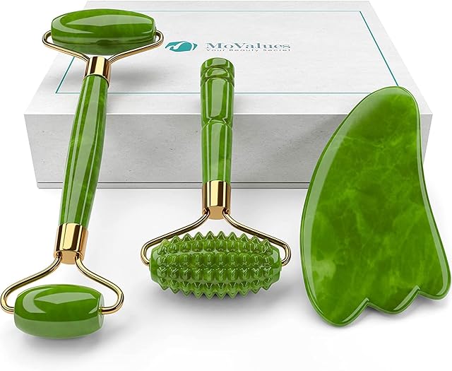4-in-1 Jade Roller and Gua Sha Set, Jade Face Roller with Eye Massager, Jade Gua Sha, Ridged Roller Massager, Jade Face Massage Tool 100% Real Jade Stone Roller. Facial Ice Roller or Warm Roller