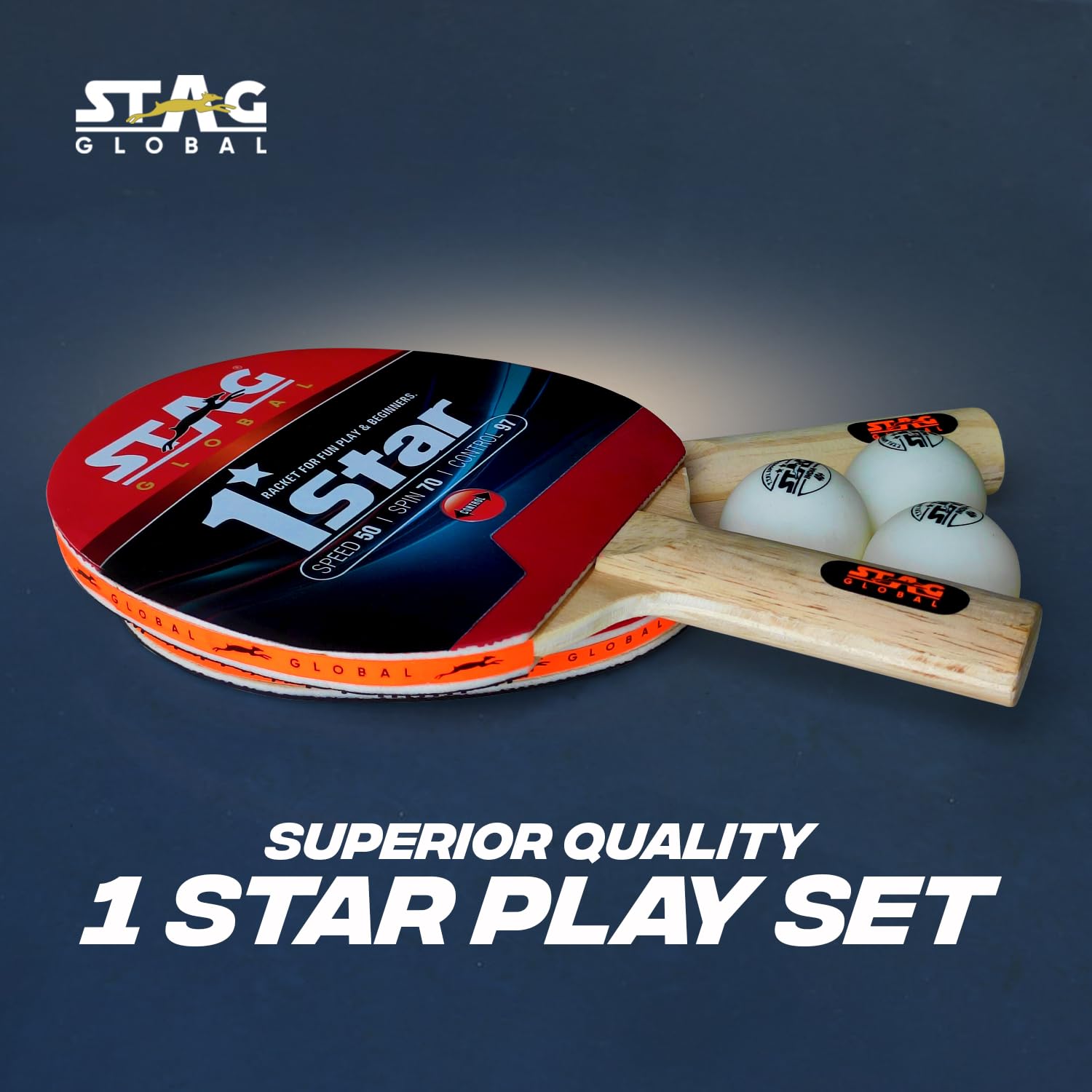 STAG GLOBAL 1 Star Anywhere Everywhere Play Set | TTFI Approved | Speed 50, Spin 70, Control 97 | Straight Grip Racket Set for Beginners, Hobby | Included 2 Rackets, 3 Balls, 1 Net and Cover 2