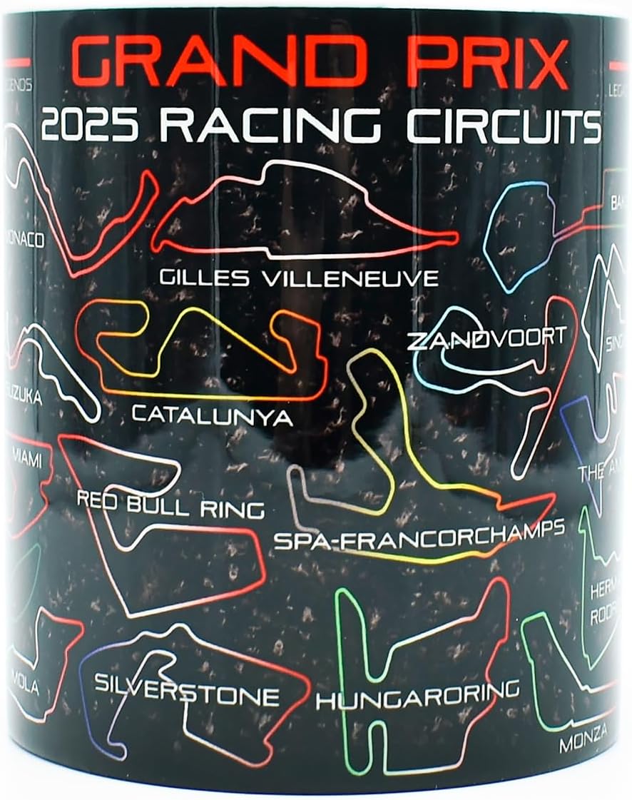 Red Edition Grand Prix 2025 Season Racing Circuits Mug - Gloss Ceramic - One - Tracks Outlines - Formula - Carbon Fiber - 1 - Gift Ideas - Coffee Car FBA -...