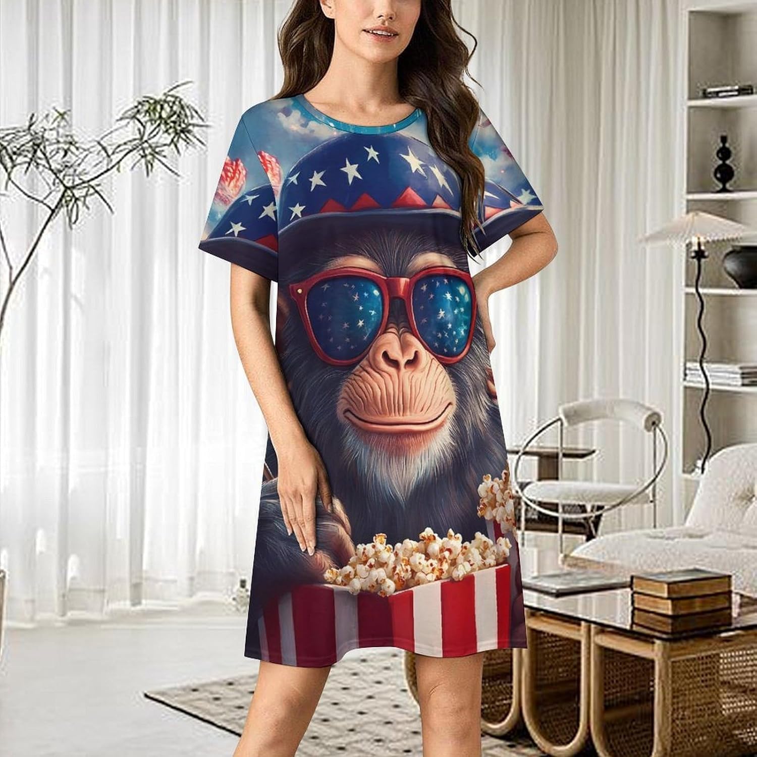 4th of July Monkey Nightgowns for Women Short Sleeve Sleep Dress Casual Sleepshirt Night Gowns Pajamas