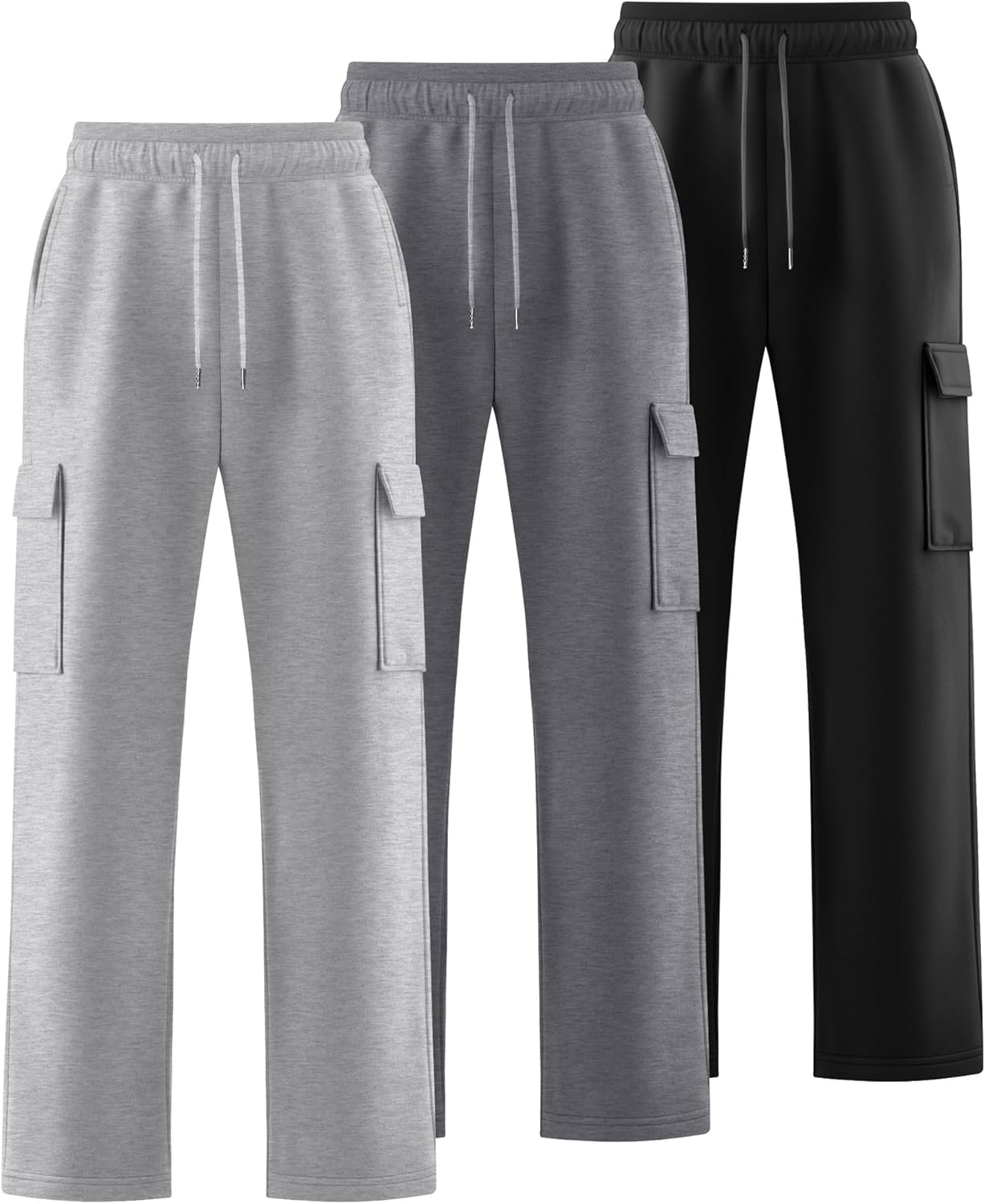 3 Pack Men's Cargo Sweatpants Drawstring Thin Straight Leg Pants Casual Baggy Open Bottom Jogger with Pockets - Image 3