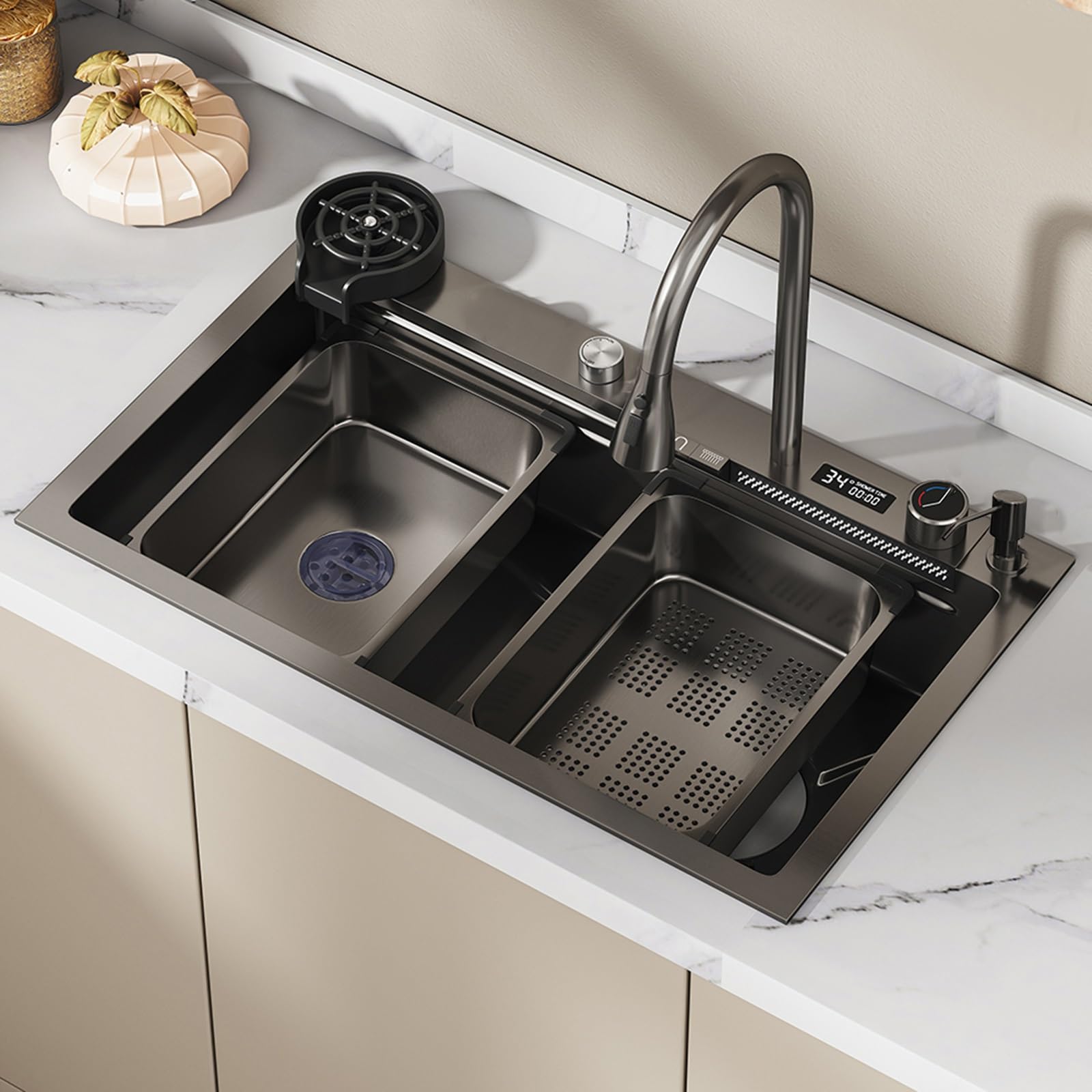 YADZISW Stainless Steel Kitchen Sink with Nano Waterfall & Digital Display Single Bowl Workstation Pull-Down Faucet Cup Washer Drop-in/Undermount 75 * 45cm Complete Accessories
