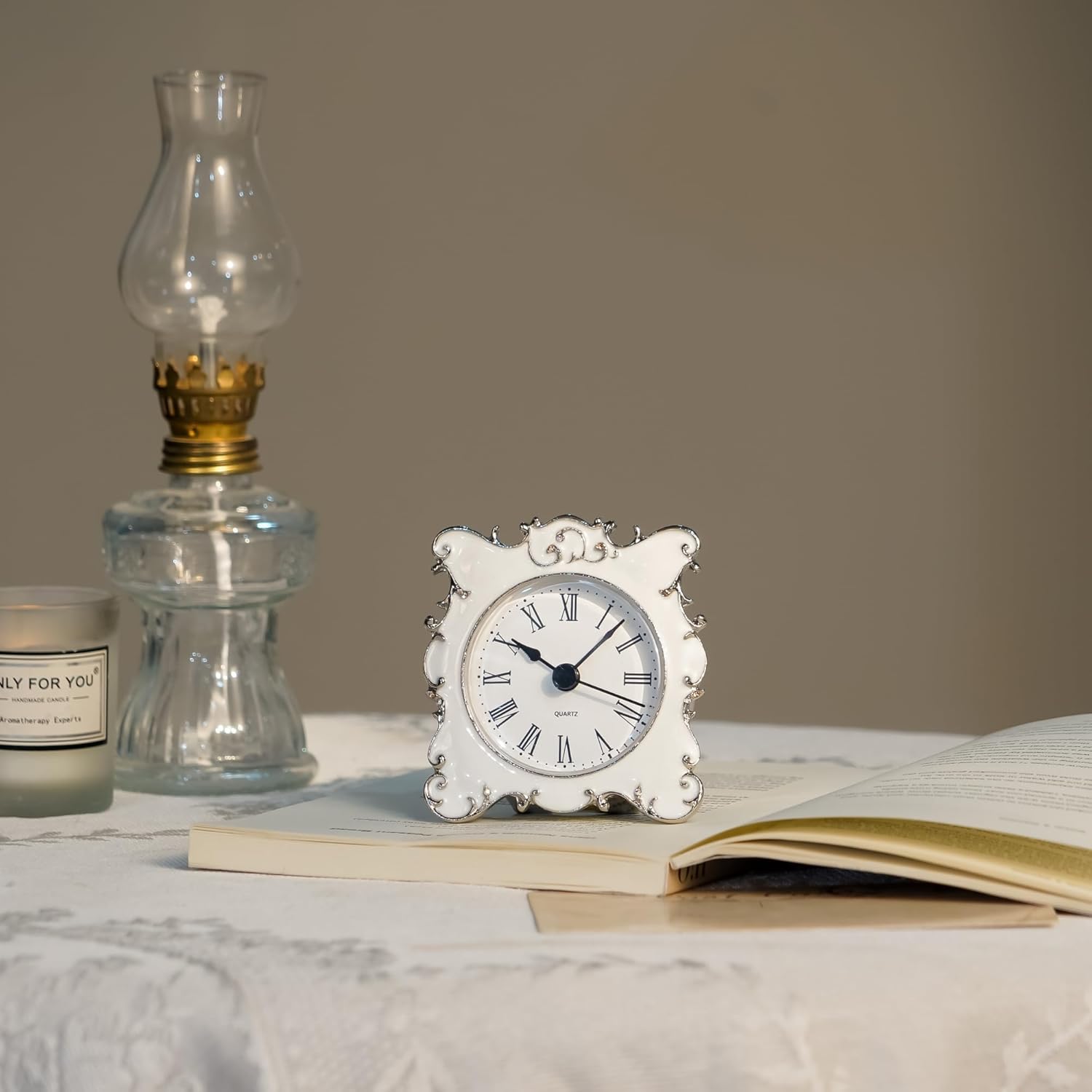 NIKKY HOME Pewter Pretty Small and Cute Vintage Table Clock with Quartz Analog Crystal Rhinestone 3 Inch for Living Room Bathroom Decoration, White Enamel