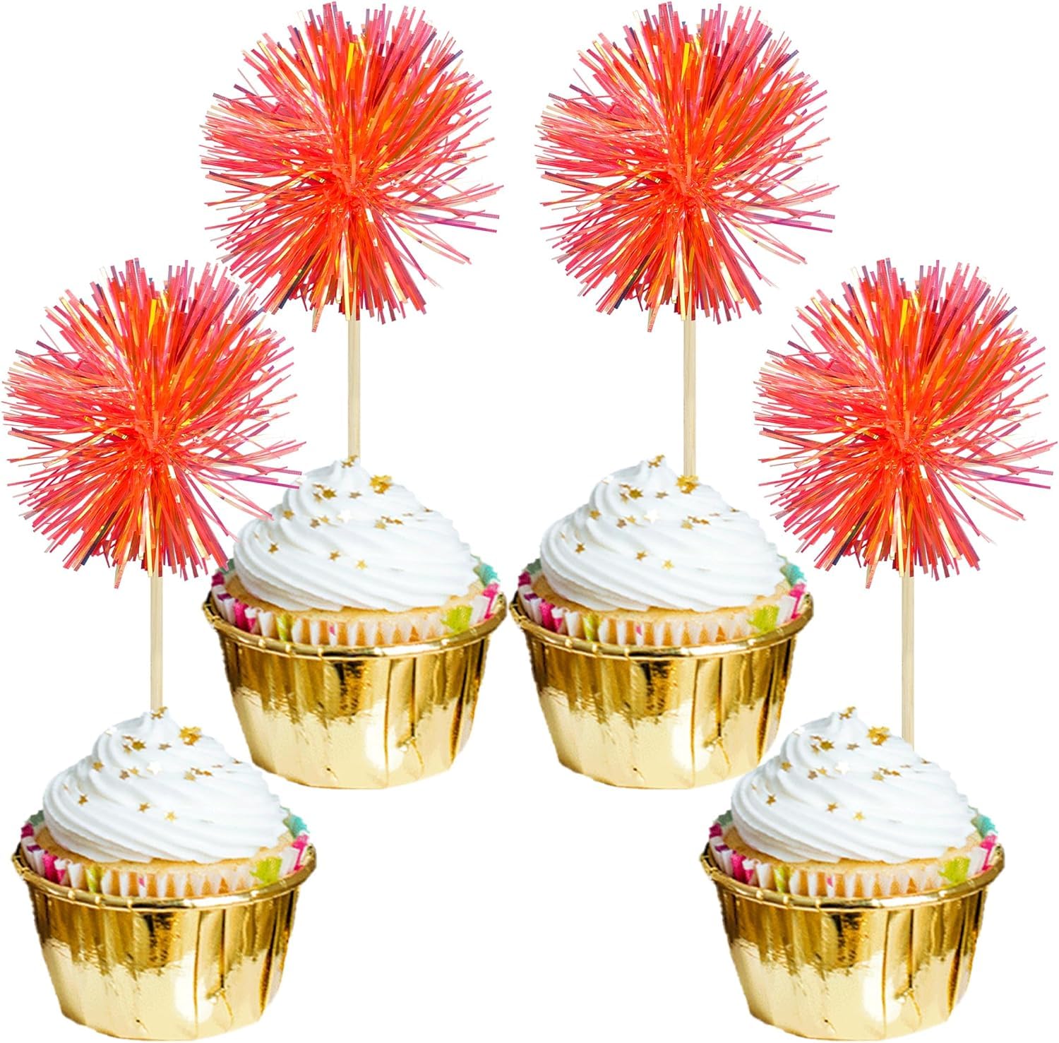 Nymora 30Pcs Foil Firework Cupcake Toppers Sparkle Tinsel Cake Toppers Tinsel Drink Cake Decoration Cocktail Picks for Birthday Wedding Graduation Party Supplies Dark Orange