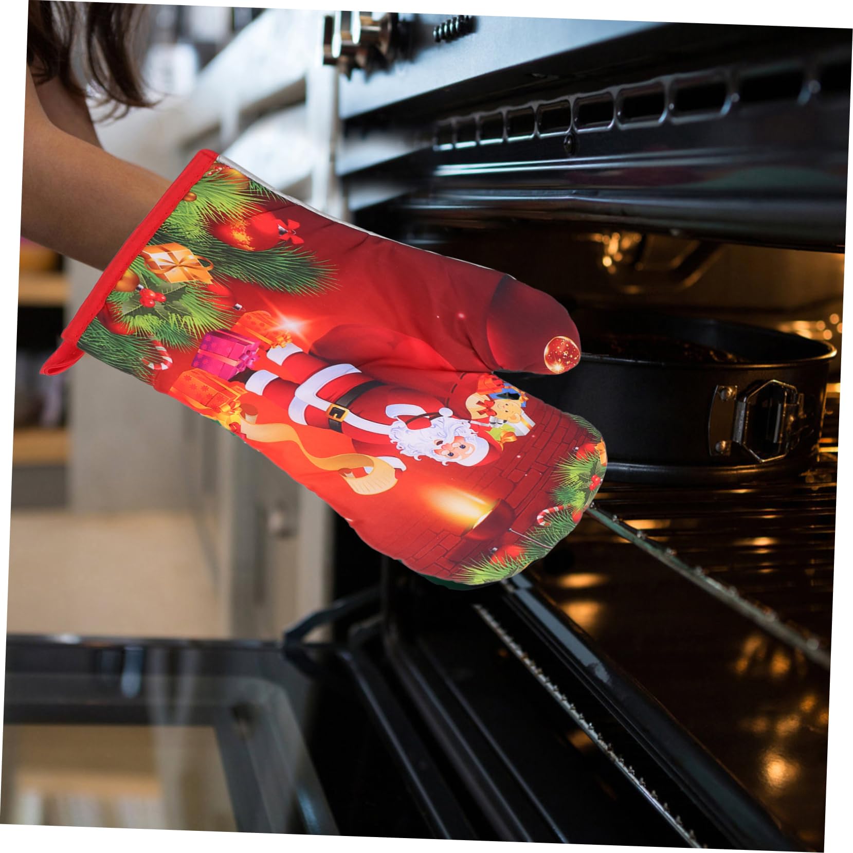 COLLBATH Guantes De Horno Resistentes Al Calor Navideños Rojos 4 Piezas De Algodón Aislamiento Térmico para Cocina y Horno, Set para Protección De Manos Hornear y Uso Microondas