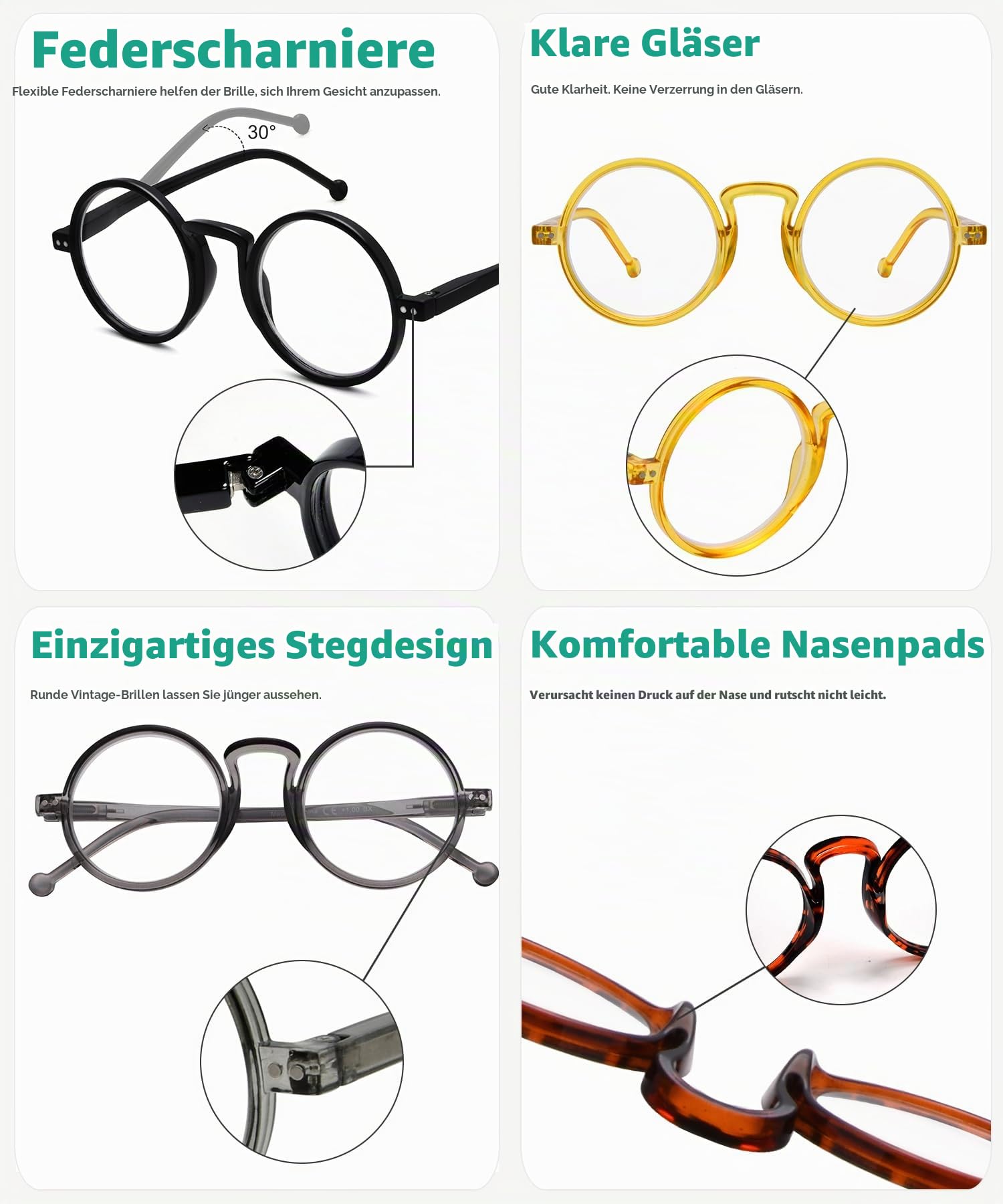 Eyekepper 4er-Pack Übergroße Rund Lesebrille für Herren Damen Vintage Lesehilfe mit Federscharniere +2.25