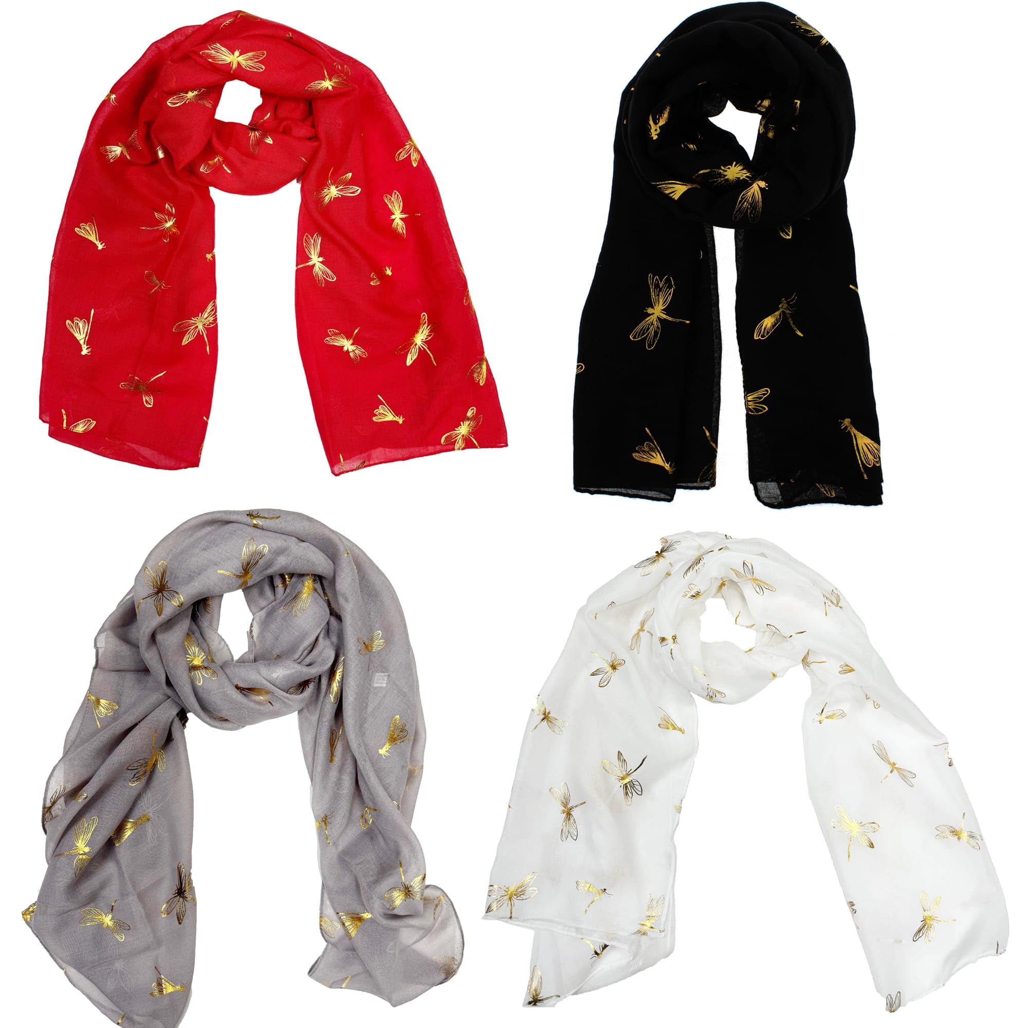 Zac's Alter Ego Women's Black, White, Red & Silver Set Of 4 Lightweight Gold Foil Large Dragonfly Print Scarves