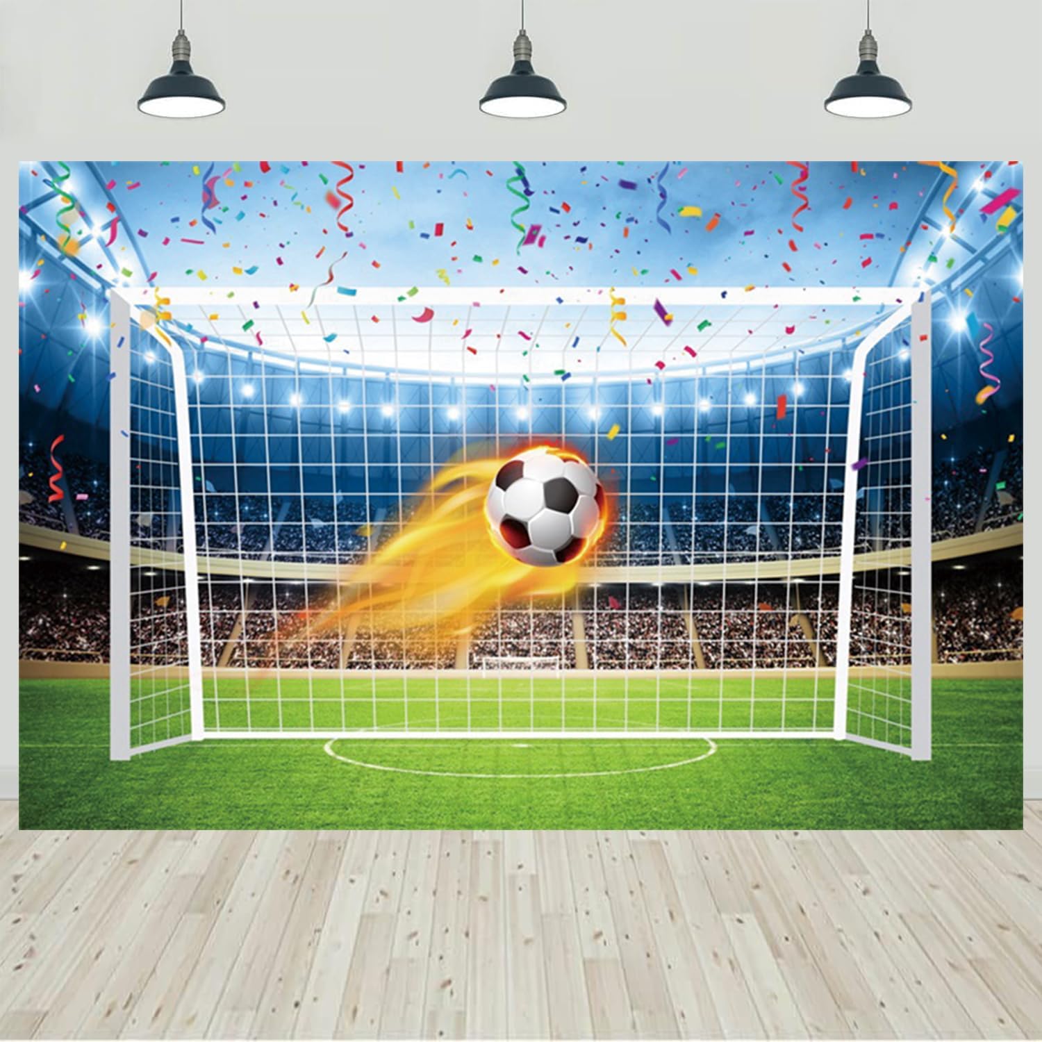 7x5ft Soccer Backdrop Stadium Soccer Pitch Spotlight Audiences Confetti Photography Background for Boys Soccer Theme Happy Birthday Party Banner Decorations Photo Studio Props