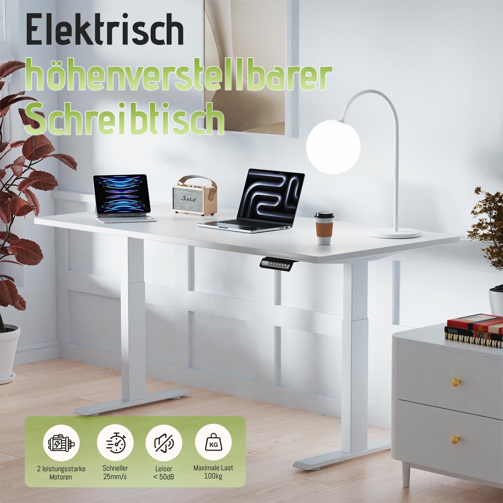 Höhenverstellbarer Schreibtisch mit 2 Motoren, 25 mm starker, einteiliger Nahtloser Tischplatte, mobiler elektrischer Computertisch – perfekte Ergonomie für Ihr Büro (Weiß+Weiß Frame, 140cm*70cm)