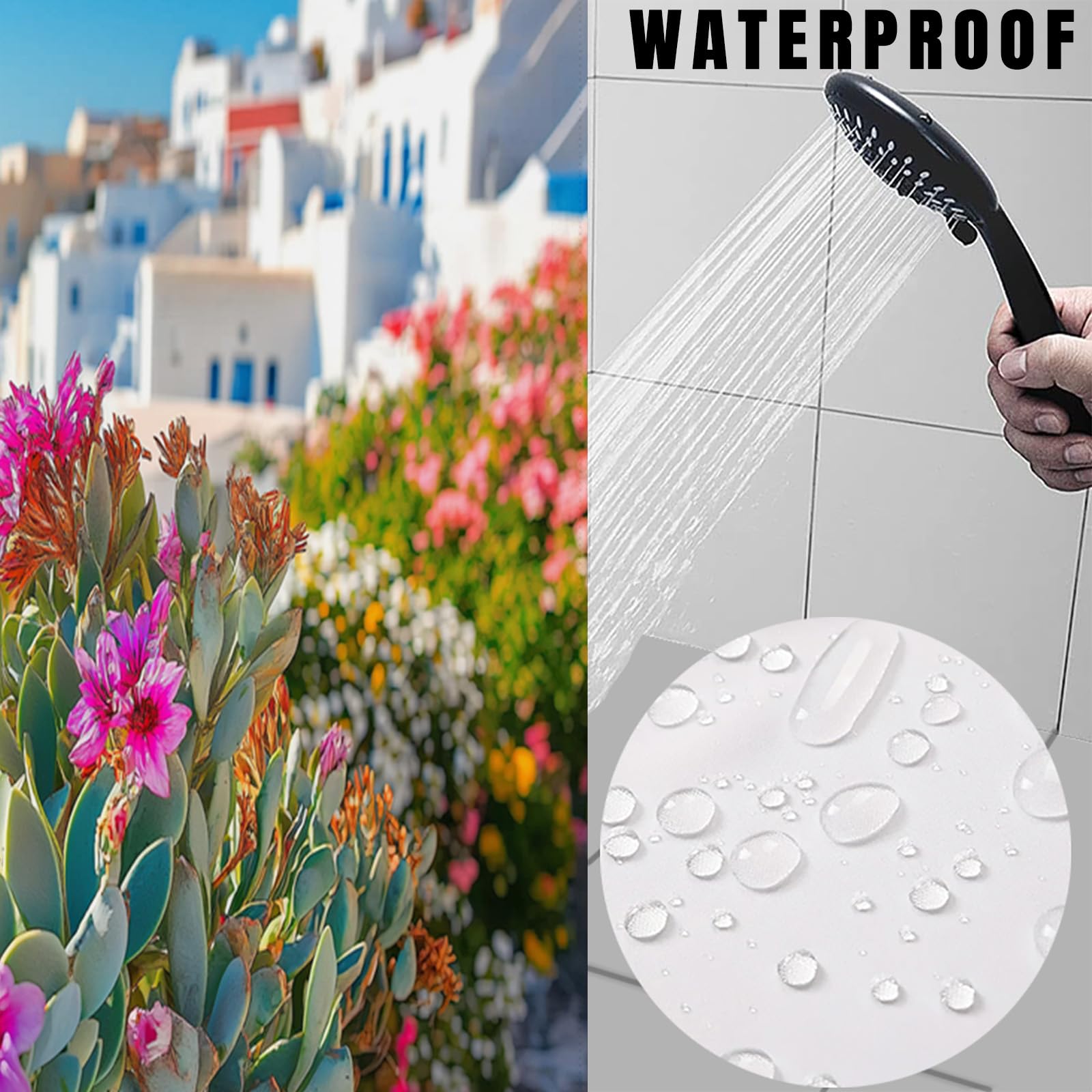 Weißes Gebäude Duschvorhang Anti-Schimmel,Wasserdichter Duschvorhang,Blumen Meer Badewanne Vorhang Schnell Trocknend für Badezimmer,H200 x B180 cm (1er Pack)