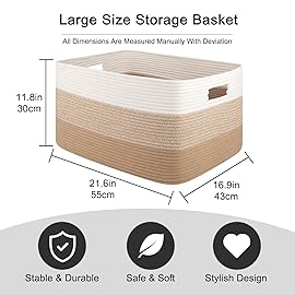 OIAHOMY Large Blanket Basket For Living Room, Rectangle Woven Baskets for Storage, Nursery Toy Storage With Handle-22x17x12-Gradient Light Yellow