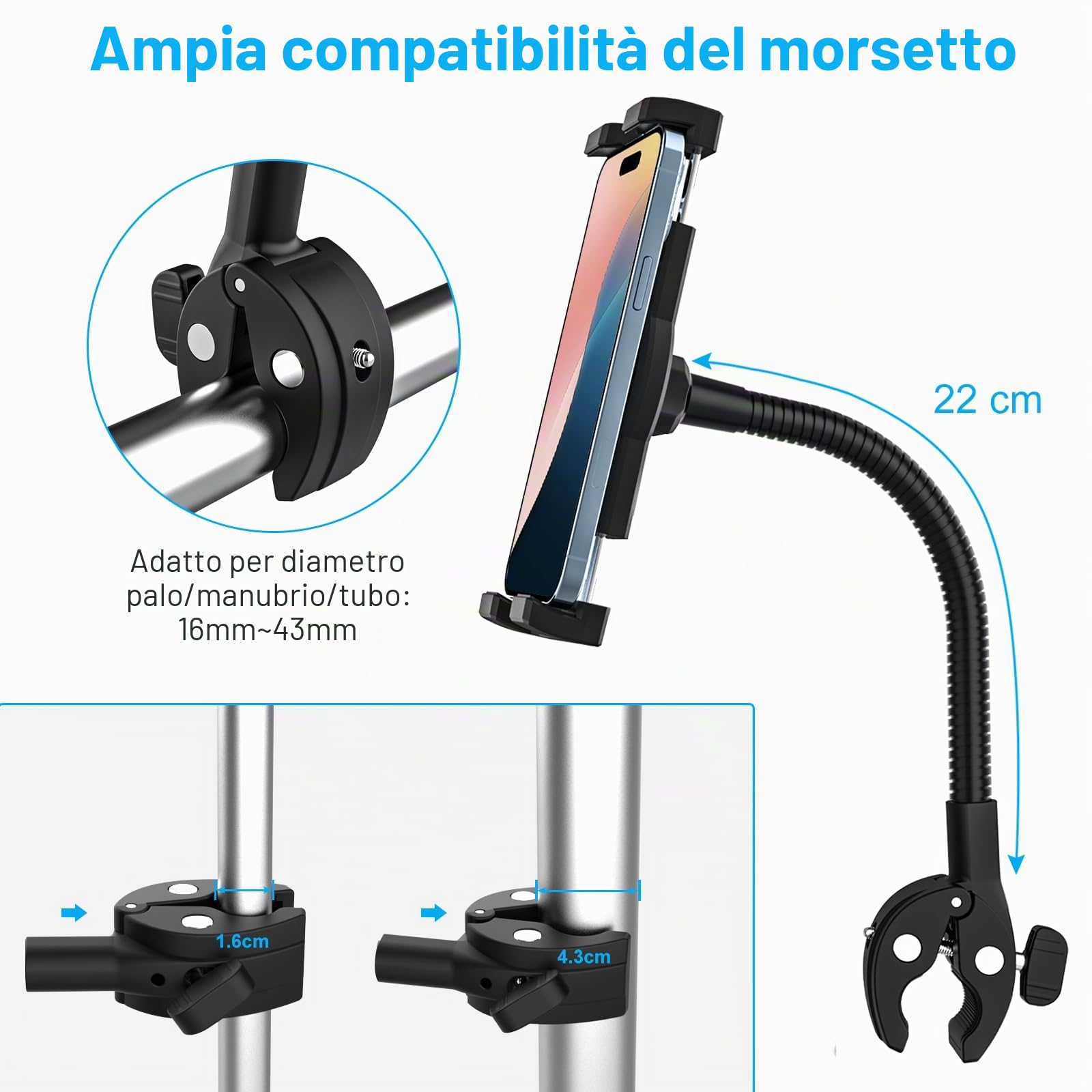 Supporto Tablet per Passeggino Sedia a Rotelle Barca Bicicletta a Collo Oca, Palo Tubo Manubrio Supporto Tablet per iPad Mini Air Pro, Galaxy Tab, Kindle, Fire, Telefono, 4-13"